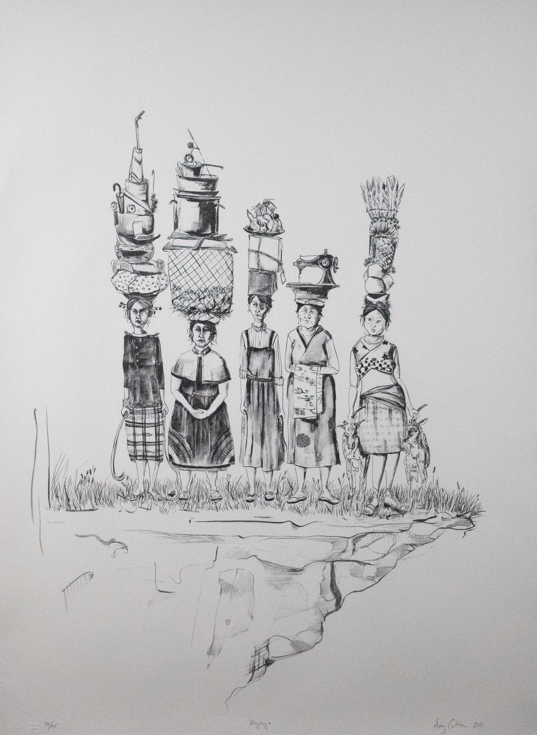 Sketch of five women of varying heights balancing baskets on their head while they stand on the edge of a cliff.