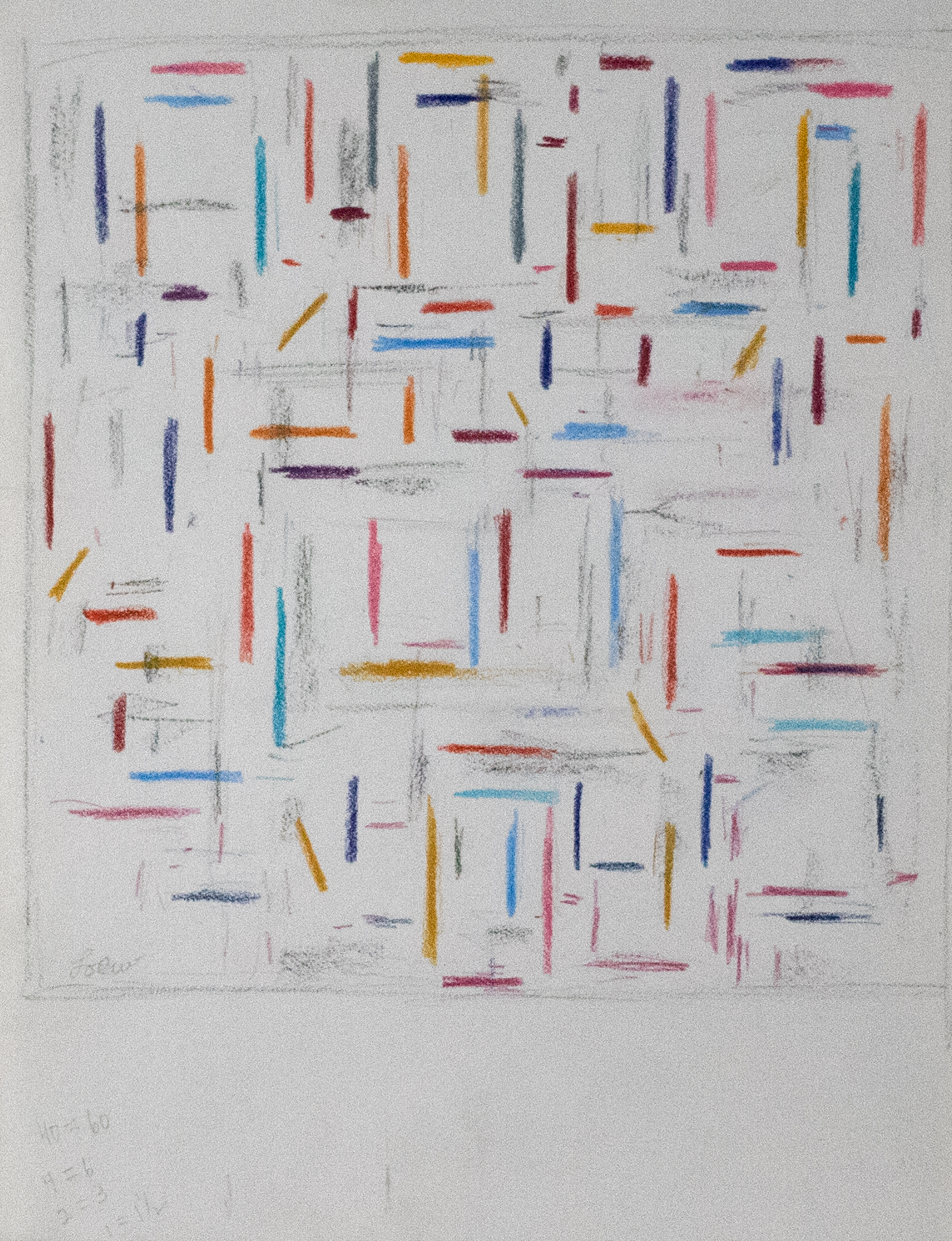 Page filled with short vertical and horizontal lines that weave between one another with the colors orange, blue, red, yellow, and black.