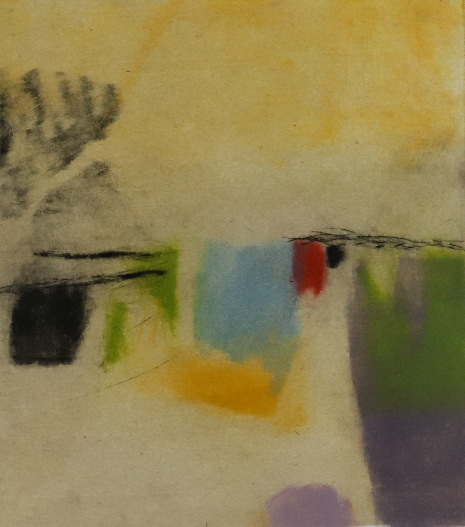 Abstract water color resembling a small house with the colors blue, red, green, purple, black and a yellow background.