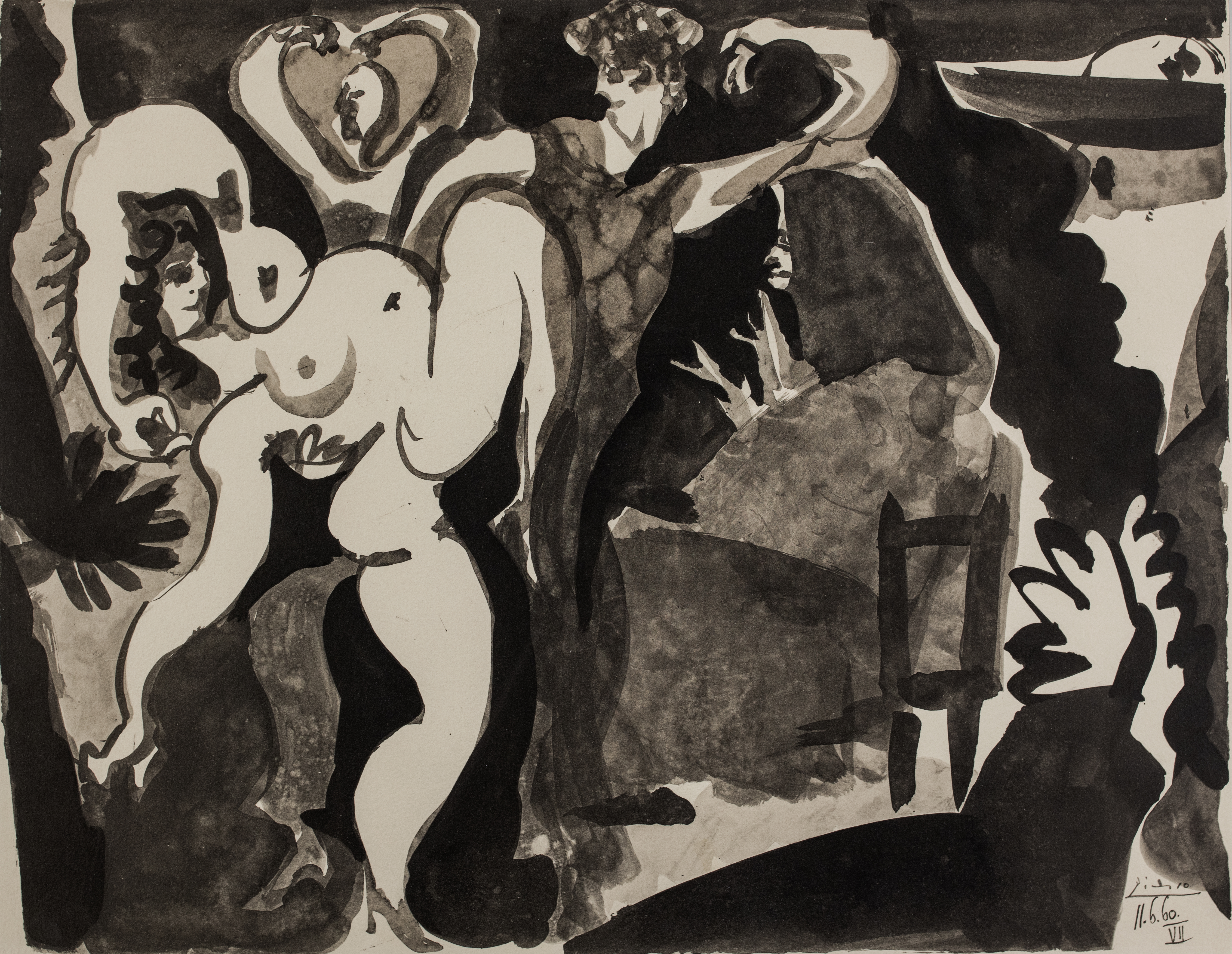 Abstract paining featuring a nude woman who appears to be dancing with a man and a heart hovering above the two.