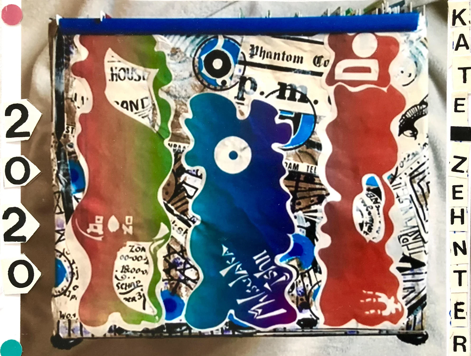 Postcard with wavy abstract shapes colored blue, red, green, and black. 
