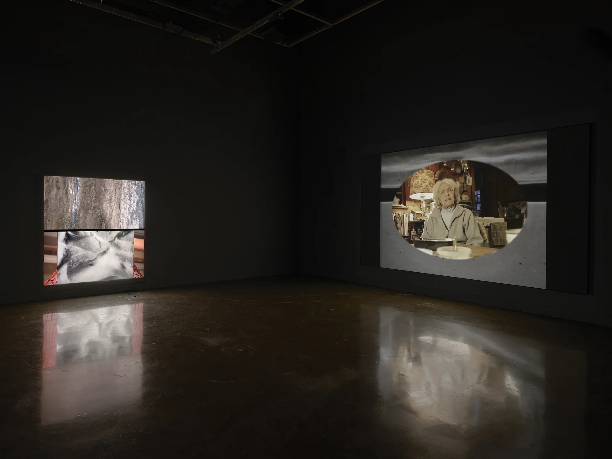 Two screens are displayed in a gallery space. The right screen shows an oval image of an elderly woman on a background of black with white wavy lines. The left screen is of abstracted trees.