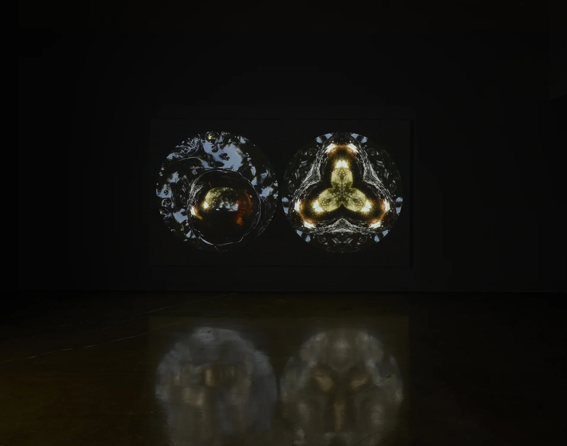 Two circular images of La Brea Tar Pits on a black ground: dark bubbling close-up, and a kaleidoscopic refraction.  