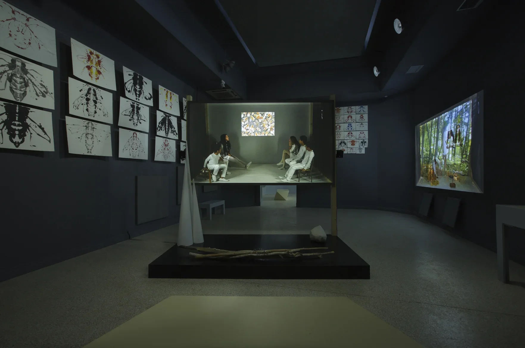 Dark gallery with a projector in the center, prints of bees on the wall to the left and another projector on the right wall.