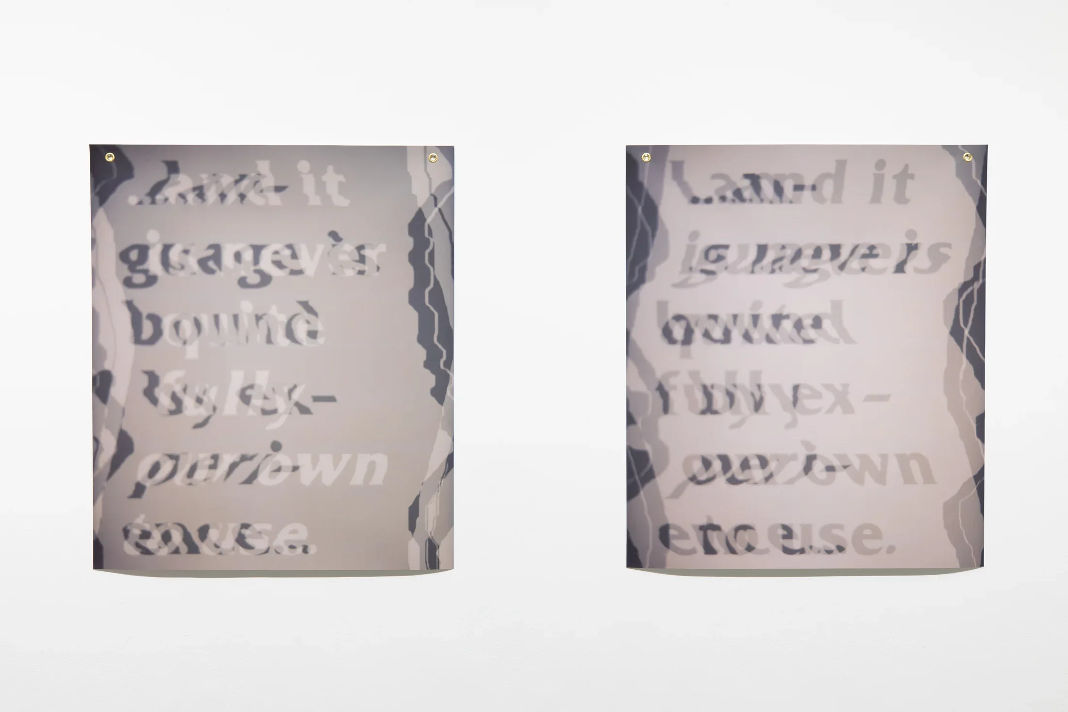  Installation view featuring two inkjet prints on vinyl hanging side by side with distorted overlapping text and wavy shapes on the edges. 