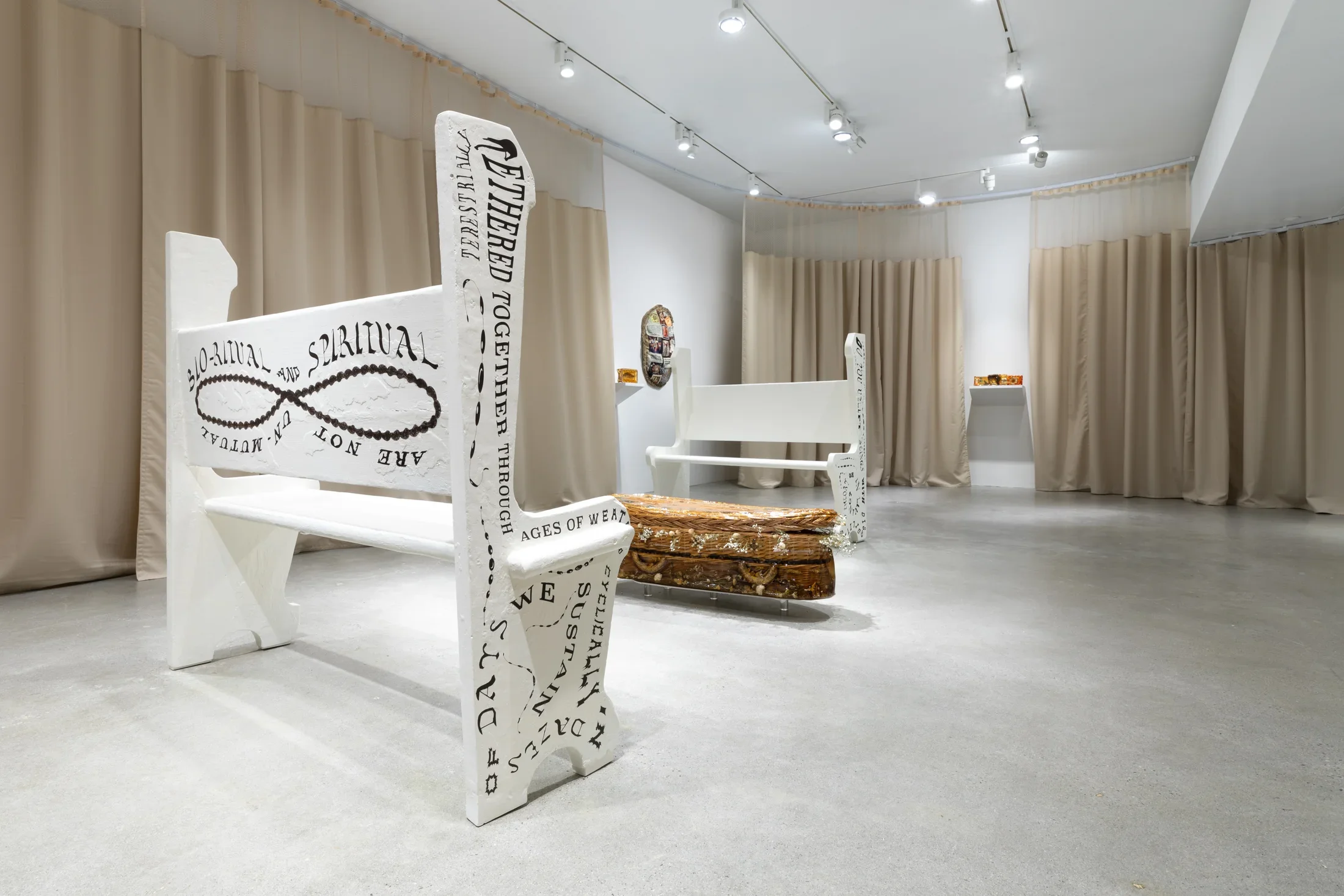Beige hospital curtains line a gallery with two white painted church pews around a wicker casket cast in gelatin. Various sculptures hang on the wall in the background.