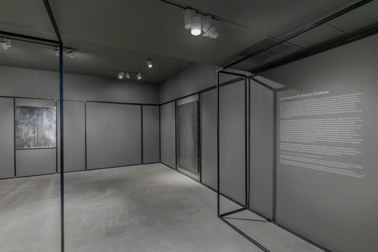 Gallery view with welded steel drawings on the far left wall and the right wall, gallery text on the far right, and a black steel architecture that snakes along the periphery of the space. 