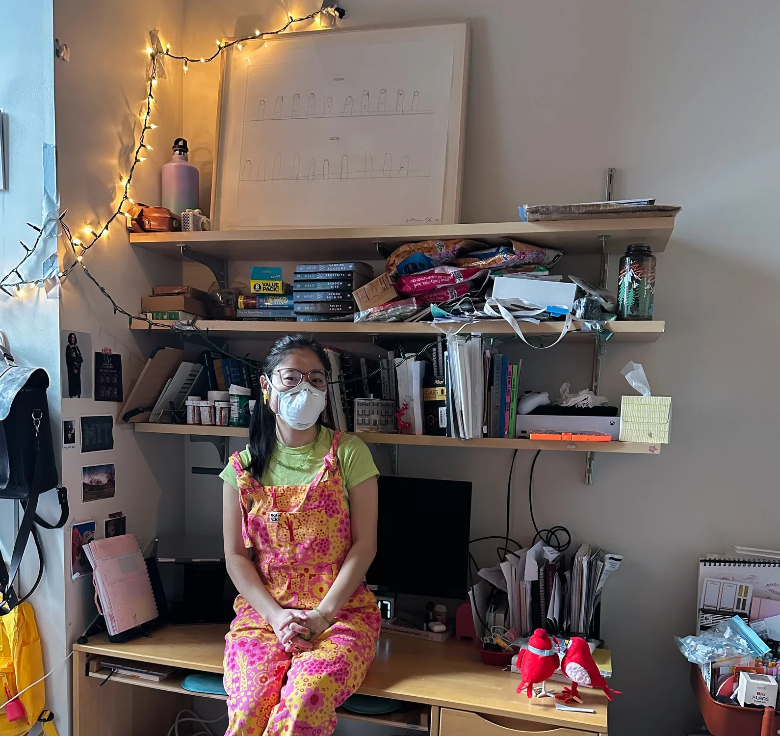 A woman in pink and orange print overalls wearing a white mask is sitting on a wood desk. A framed work of art is leaning against the wall in the background next to many piles of books.
