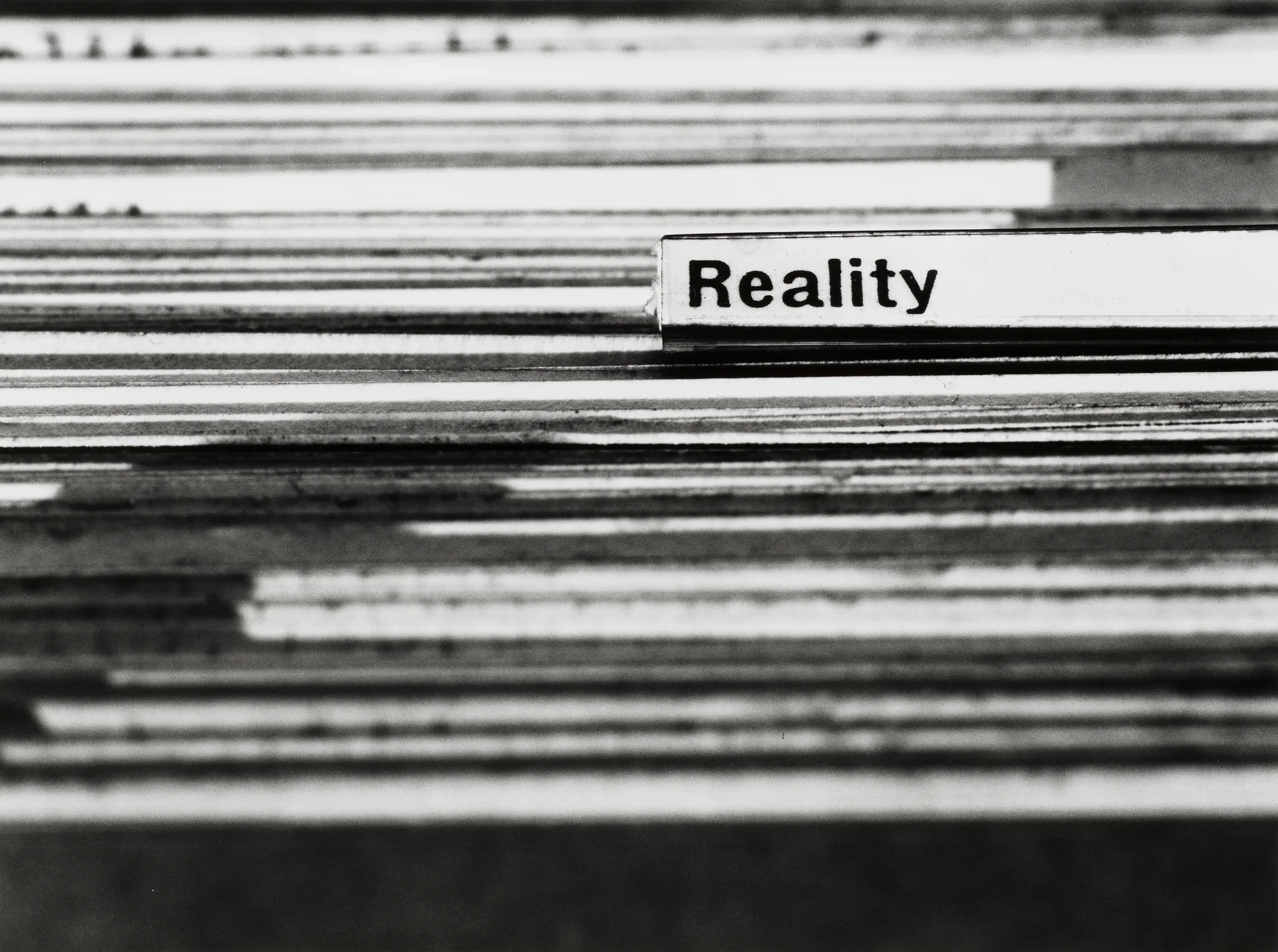 Detail image of many file folders in a row. There is one label tab highlighted with black bolded text. The text reads "Reality"
