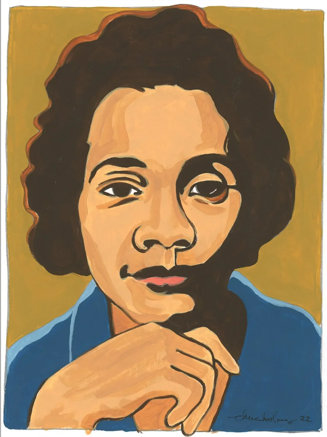 Image of a woman with dark brown hair wearing a blue shirt with her hand under her chin. The right side of the woman's face is in shadow.
