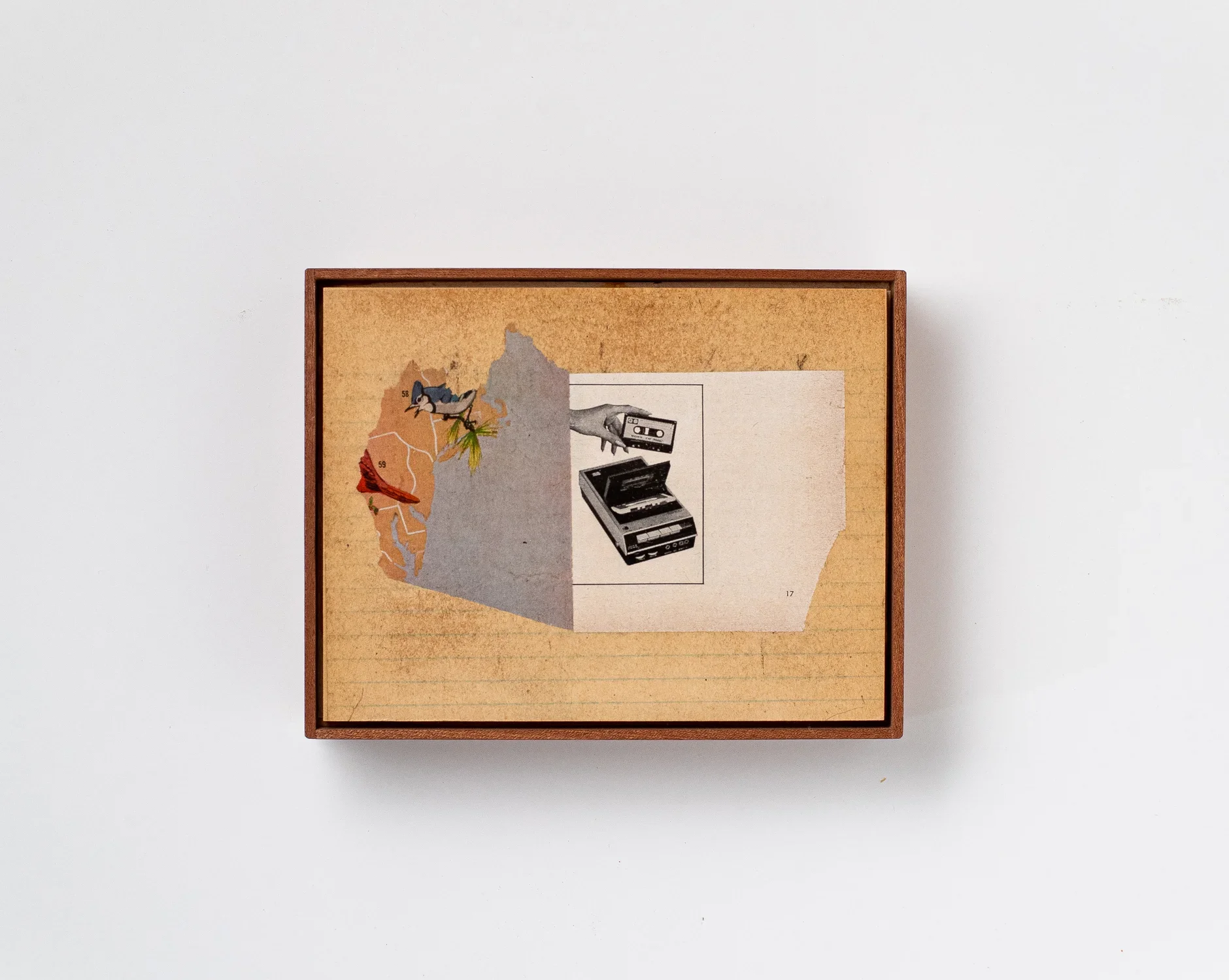 Image of a paper collage on stained lined paper in a wooden frame. The collage is composed of two images: the left is a map of the southeast coast of the US with a bluejay over MA and the right is a black and white image of a hand holding a tape above a cassette player.