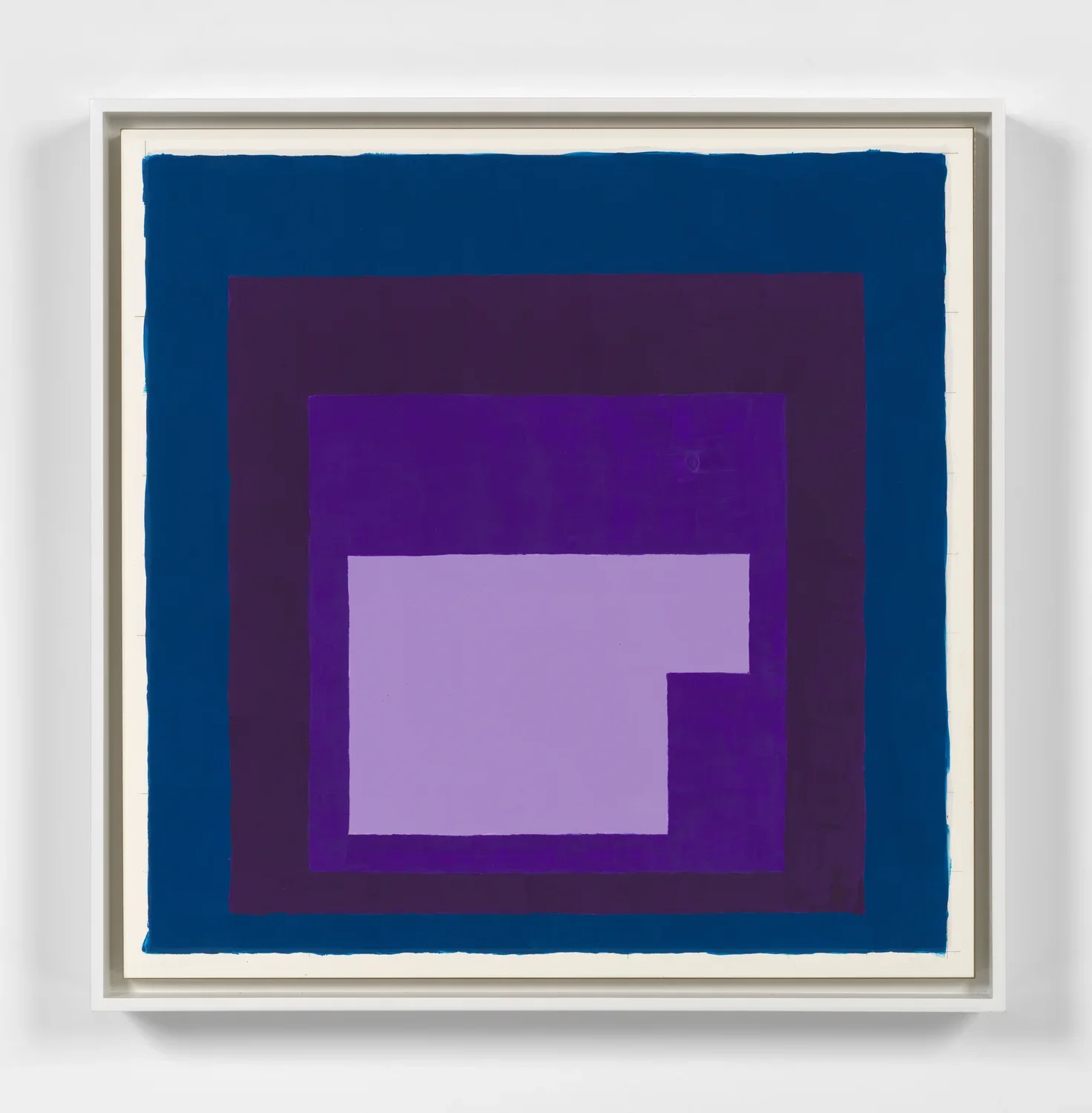 Image of a four color block abstract painting with a white frame. The center color is light purple, then purple, maroon and teal on the outer ring.