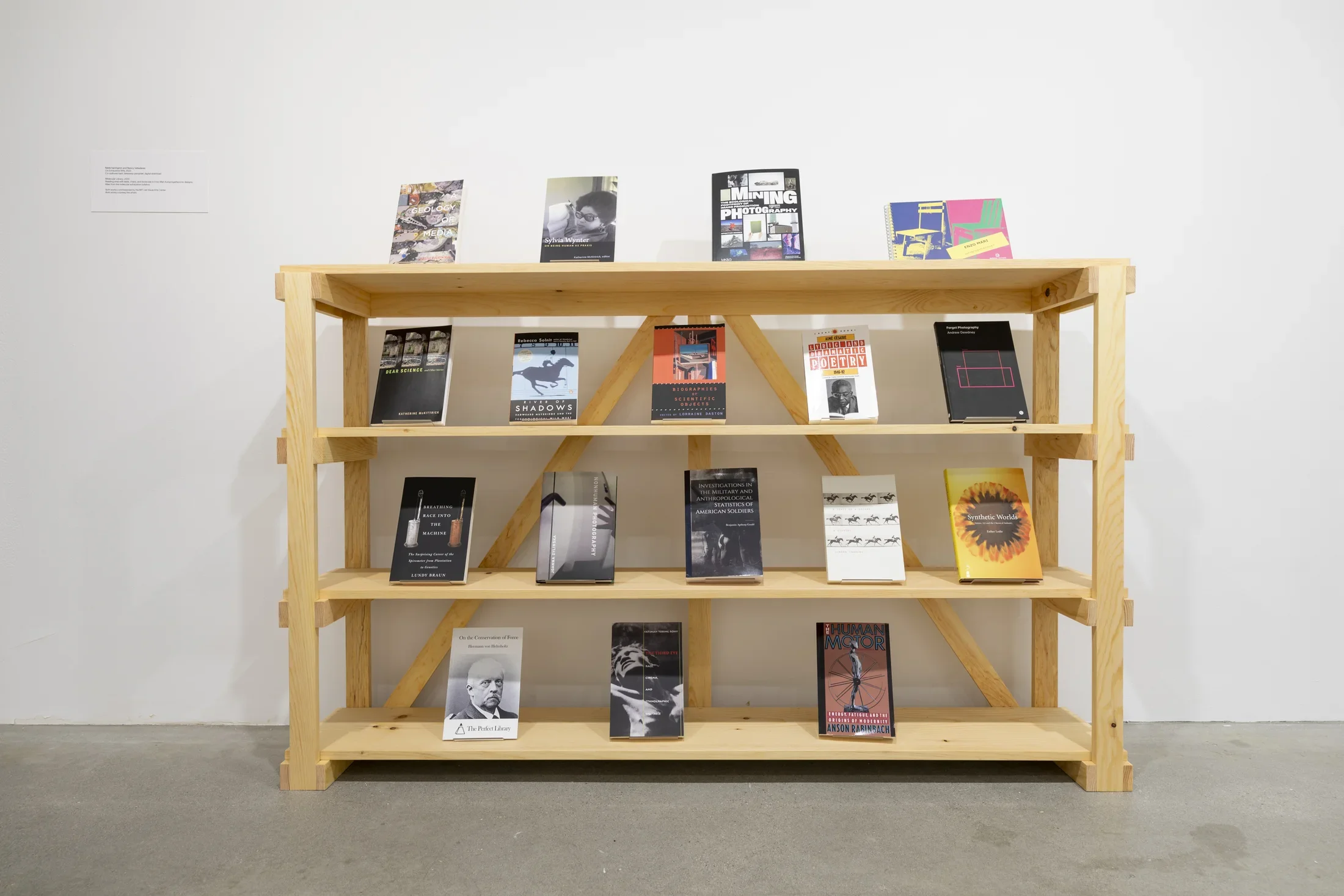 A tan wooden bookcase with four shelves is up against a white wall and displays seventeen books, four on the top shelf, five on the second shelf, five on the third shelf and three on the final bottom shelf.