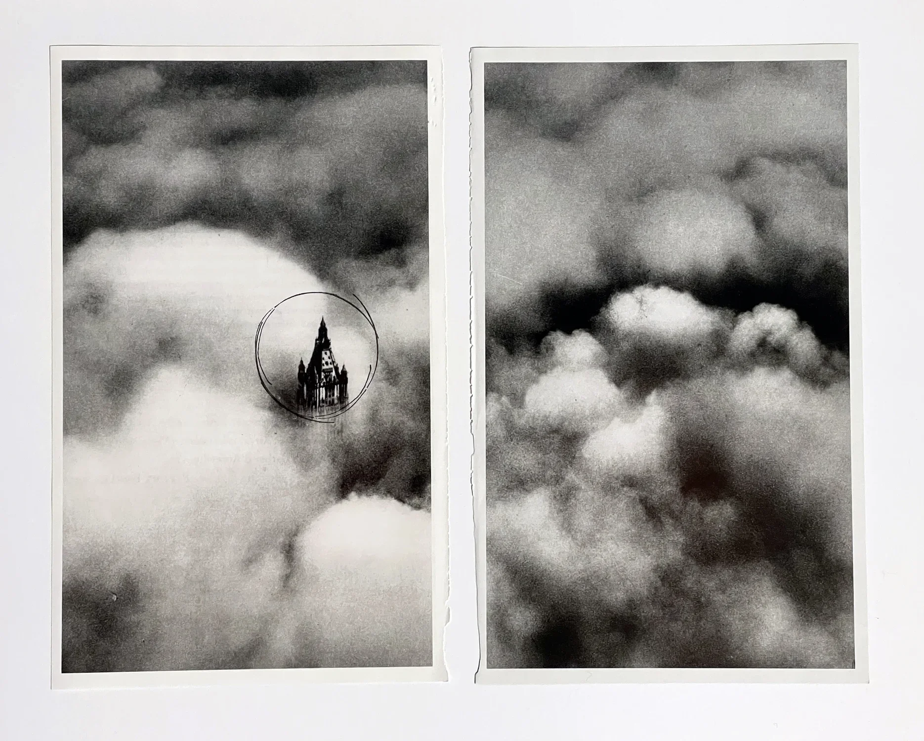 Two black and white photographs with a white matte all within one white frame. Both images show clouds and the top of a cathedral is visible with a black hand drawn circle around in the left image