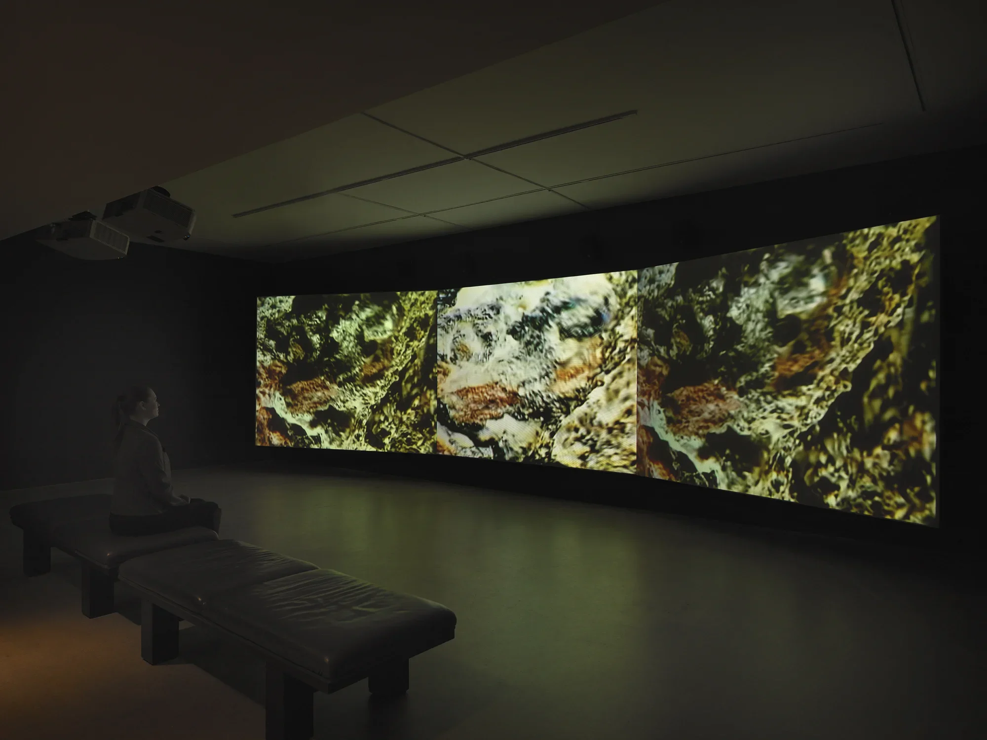 Three video projections fill the wall of a dark gallery space: each shows a‬ ‭textural yet topographical pattern that might be a close shot of earth or stone. Two‬ ‭ benches are faintly visible in the left foreground; a person sits on one and watches the‬ ‭video.‬ ‭