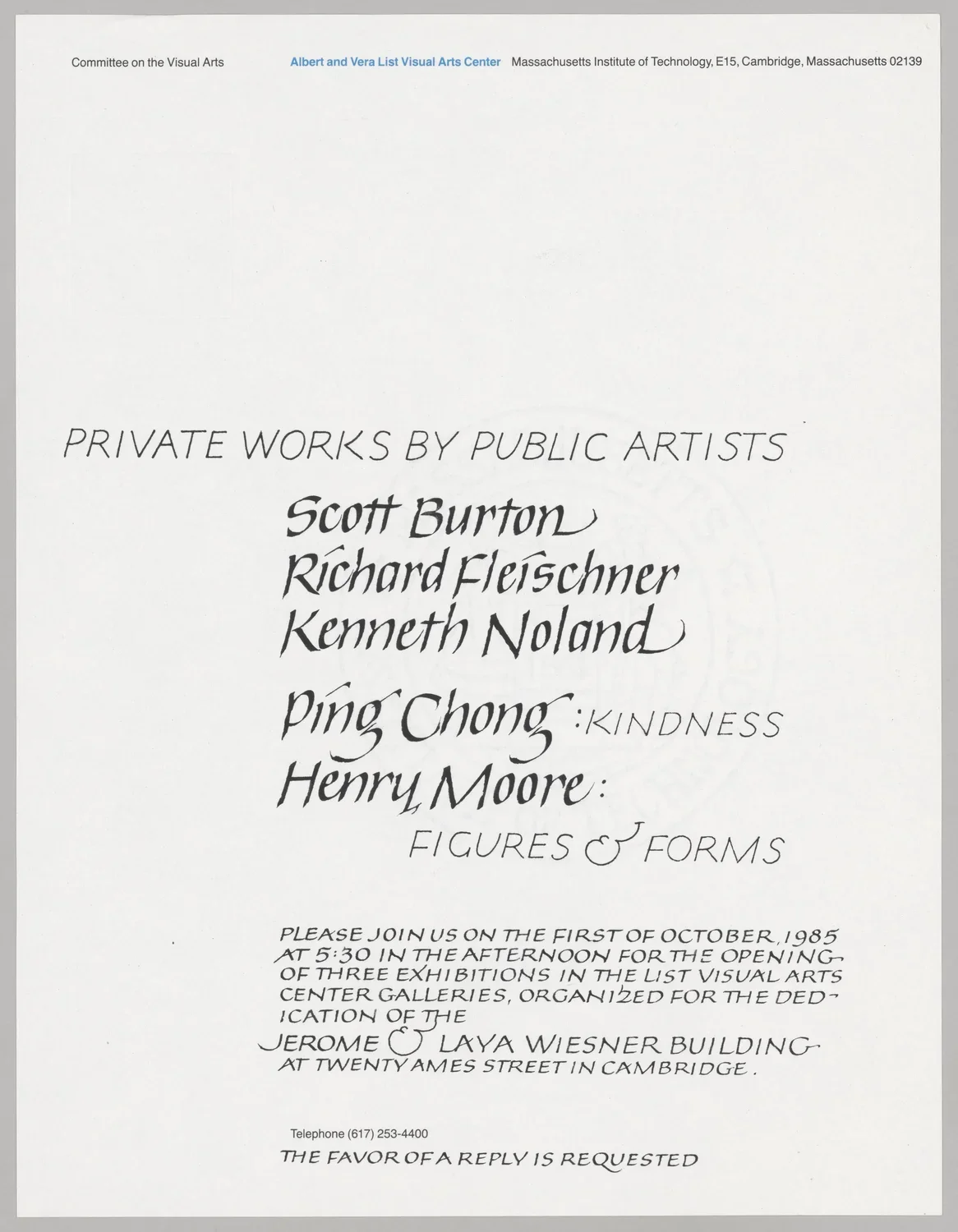 Invitation cover with black text on a white background. Text reads "PRIVATE WORKS BY PUBLIC ARTISTS SCOTT BURTON, RICHARD FLEISCHNER, KENNETH NOLAND, PING CHONG: Kindness, HENRY MOORE: Figures & Forms"