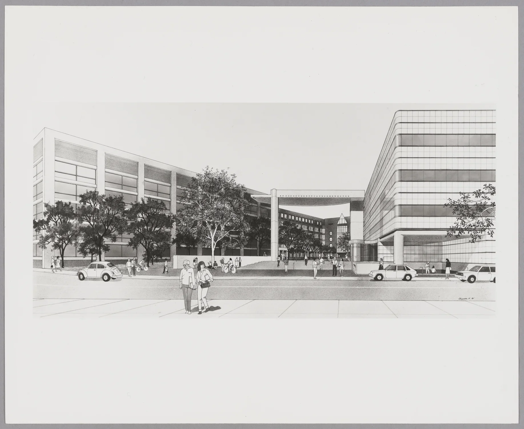 Black and white rendering of a city street with a large white border. There are two people crossing the street in front of a striped building with a extended awning over the walking pathway.