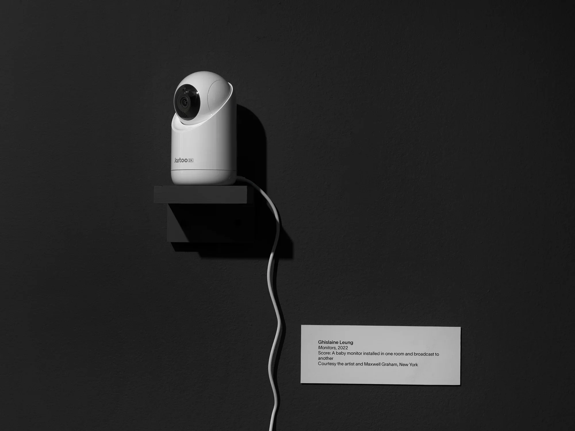 The recording component of a baby monitor—a bulbous camera joined to a cylindrical base, a bit like an eye in a socket—sits on a small wall shelf in a darkly painted room. Below, a small wall label identifies the work.