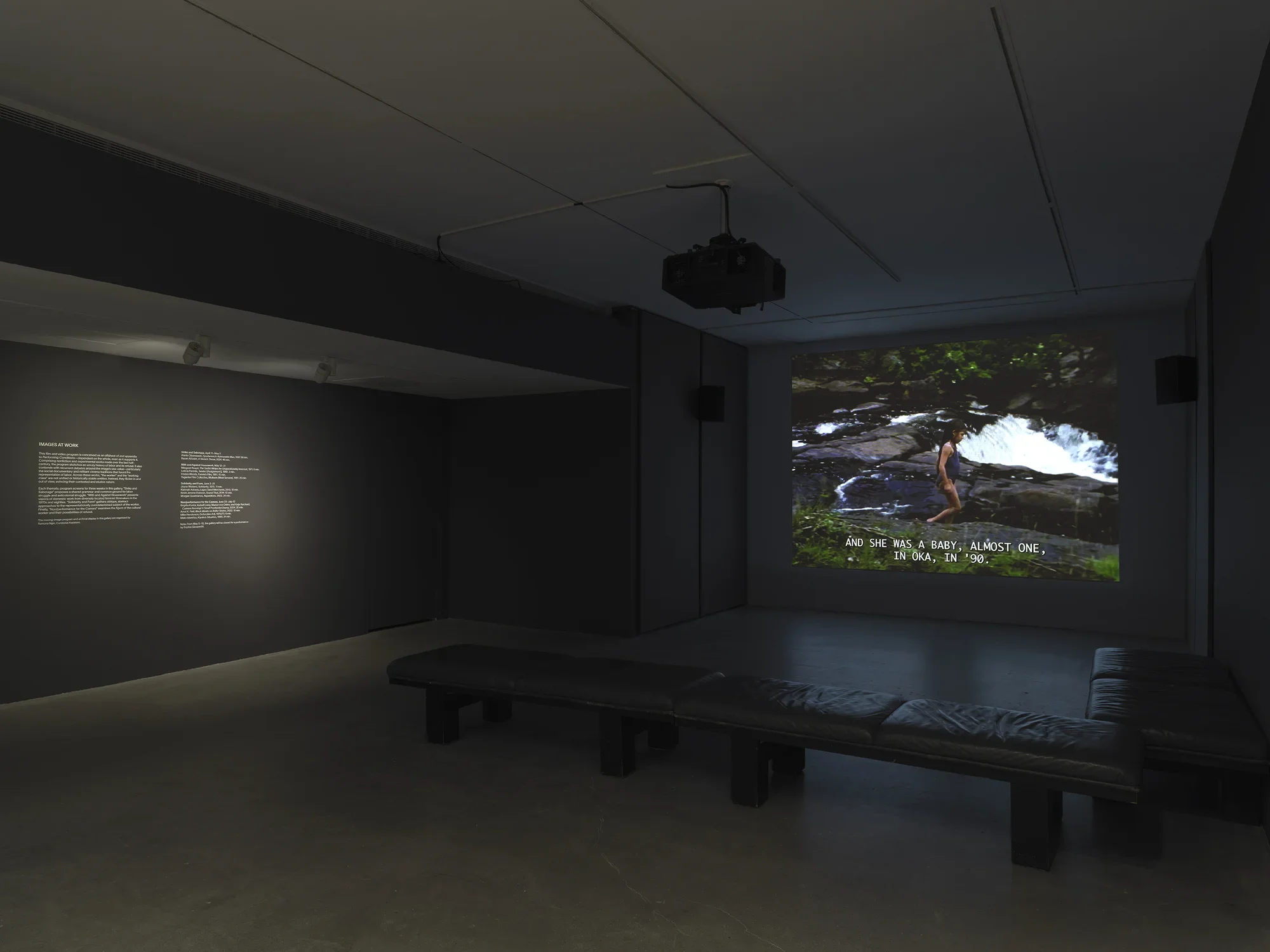 A film—showing a child on some rocks near a rushing waterfall—is projected in a dark gallery that also contains soft benches in an L shape and vinyl wall text.