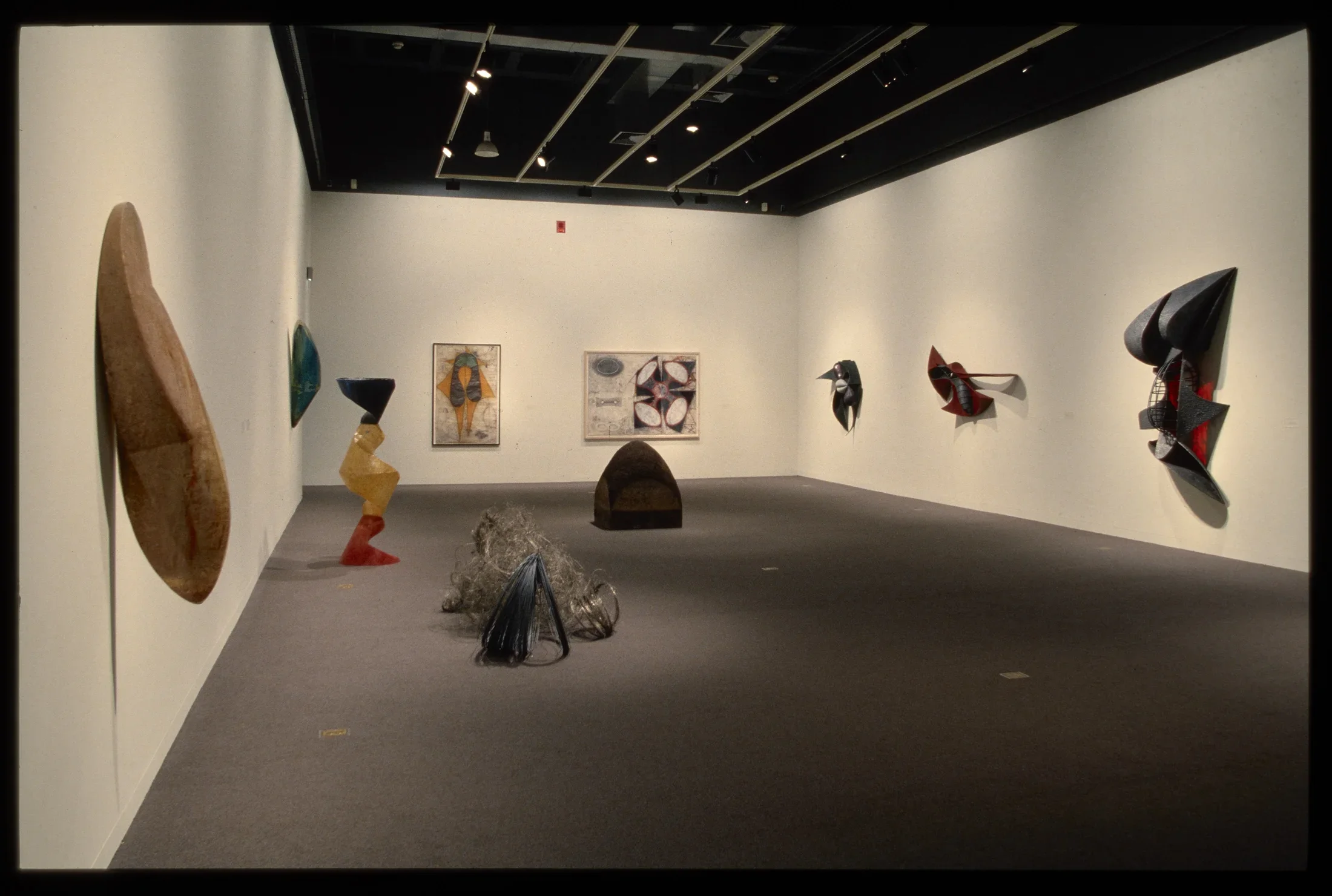 Organically shaped sculptures hang from gallery walls and rest on the floor. Each work has its own form, shape, and color. 