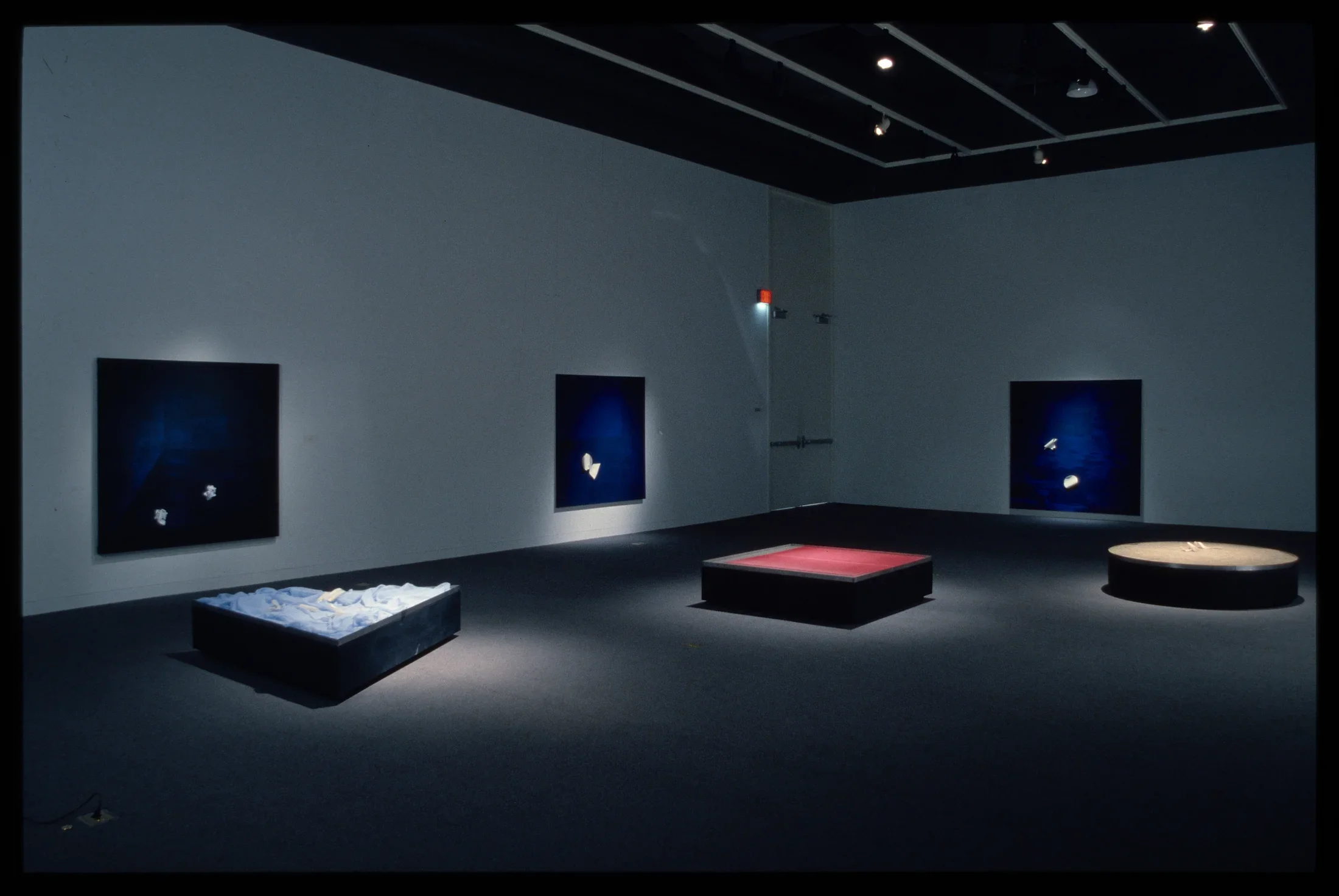 Circular, square, and triangular pedestals are spotlit in the gallery. Blue toned works hang behind them on the walls. 