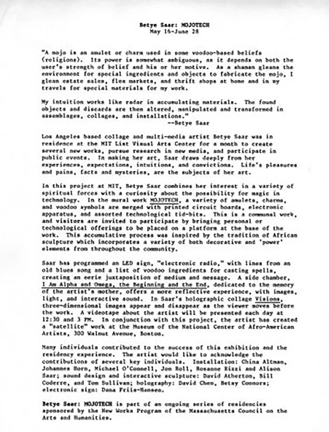 Text that describes the exhibit and the artists. The text explains that Mojotech is an ongoing series of residencies.