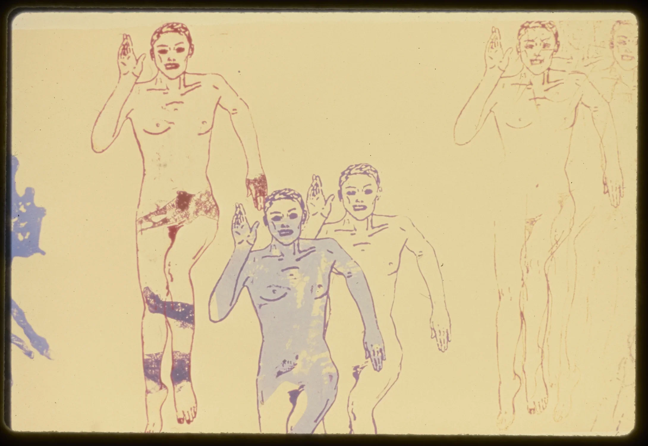 Drawing of five outlines of same male figure in running position, some red and some purple, placed sporadically on the page.