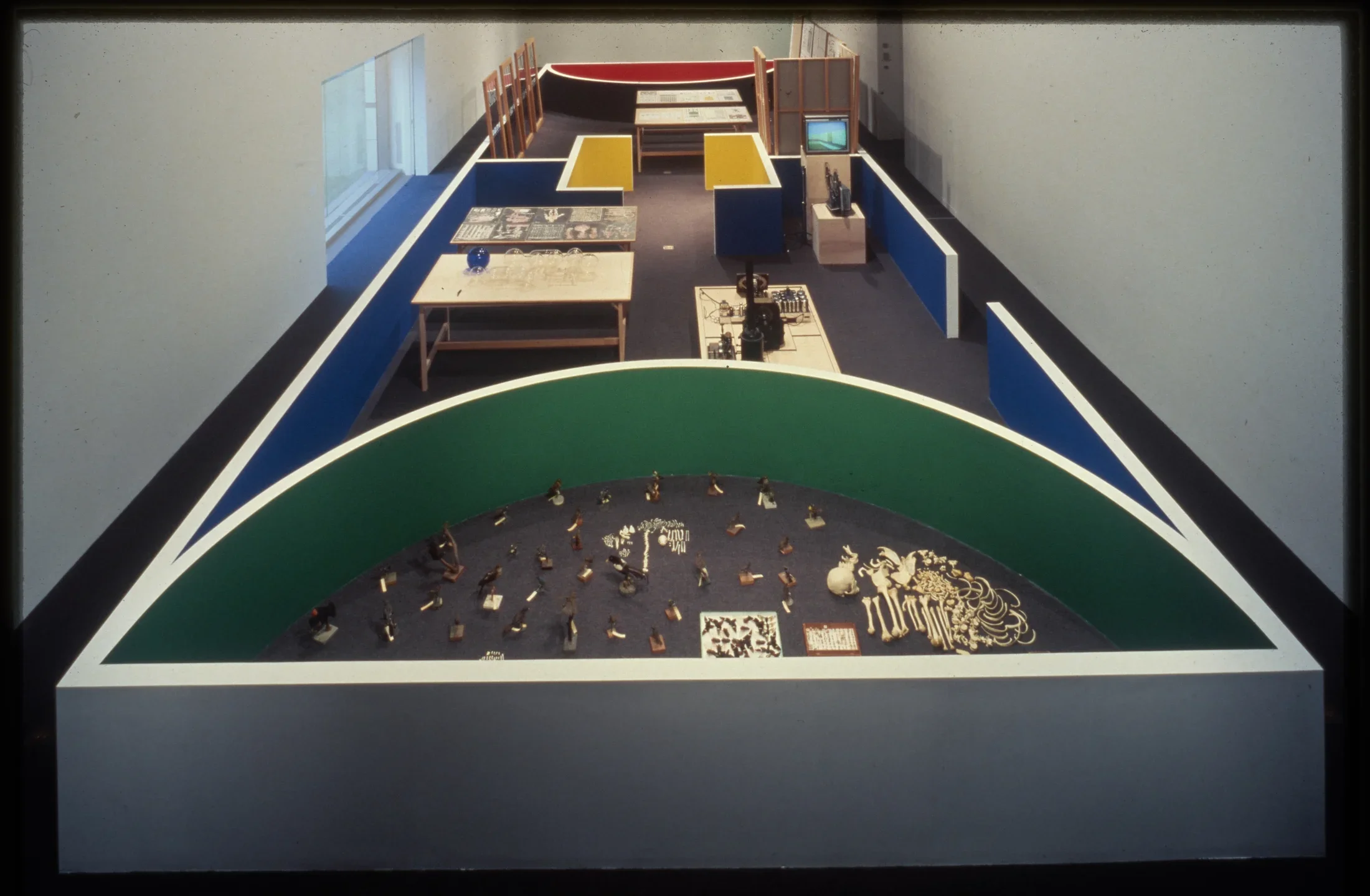 Short gallery walls create an architectural space within the gallery. Viewers can walk through and view a variety of objects. 