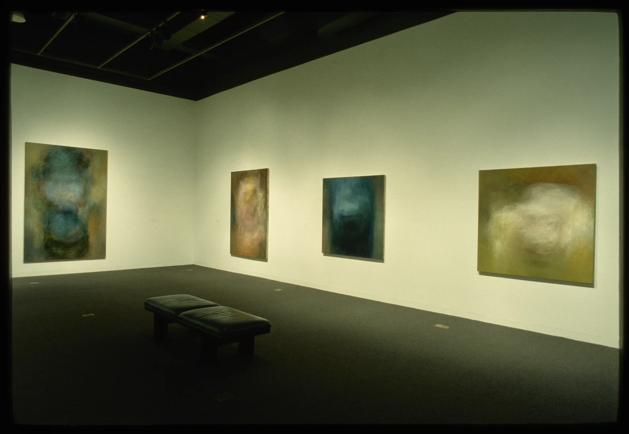 Abstracted paintings hang around the gallery. Each one is textured in a way where the colors are blended and vibrating.