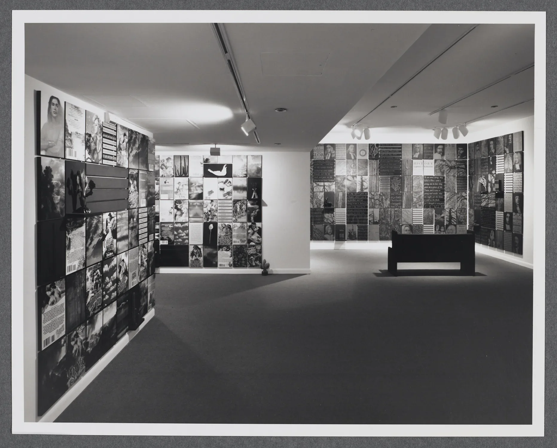 A grid of photographs of historical portraits, documents, and nature images extend across all of the gallery walls. 