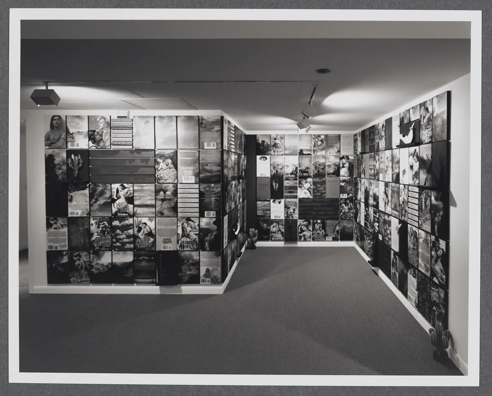 A grid of photographs of historical portraits, documents, and nature images extend across all of the gallery walls.