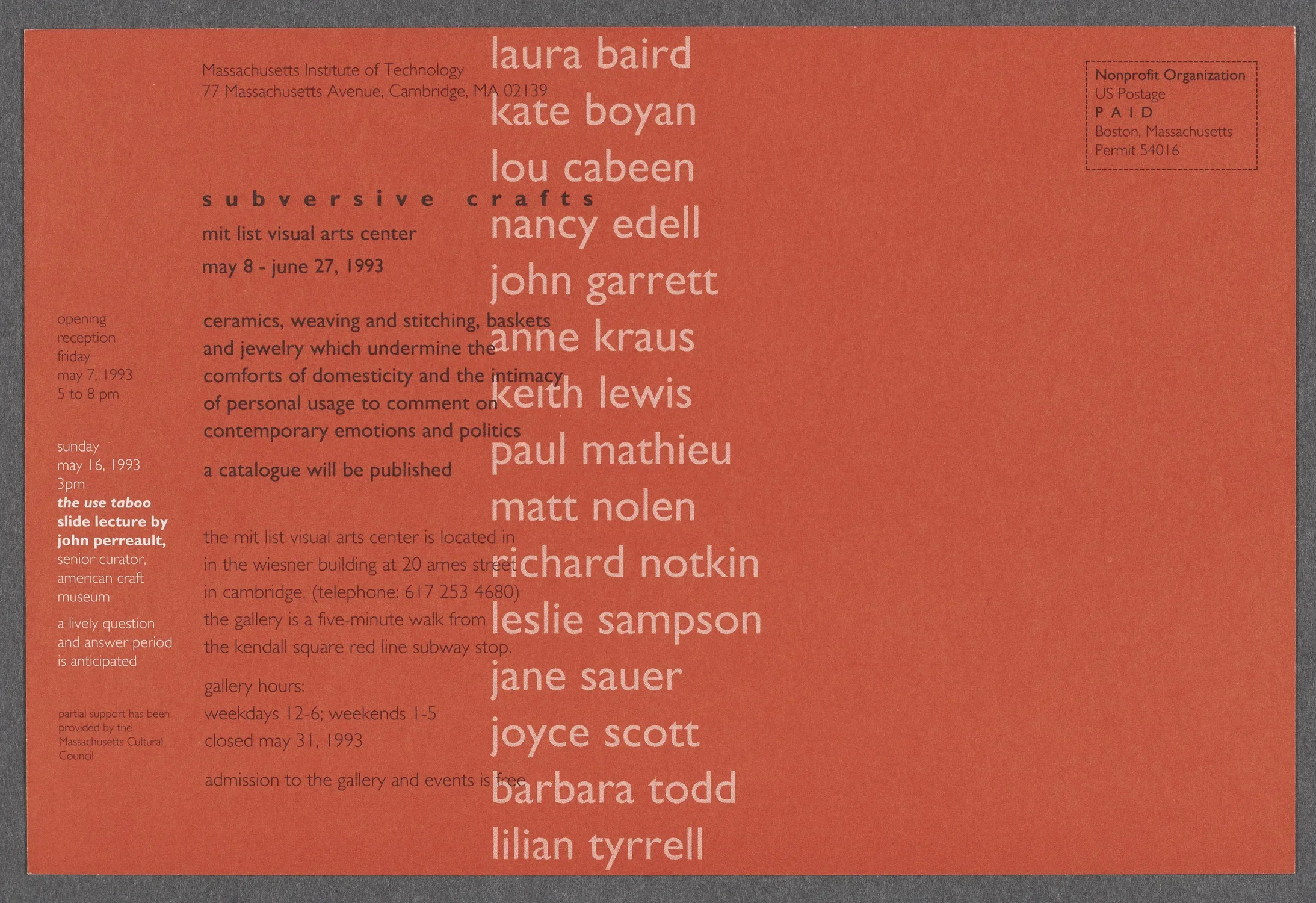 The postcard for the exhibition Subversive Craft, MIT List Visual Arts Center, 1993.