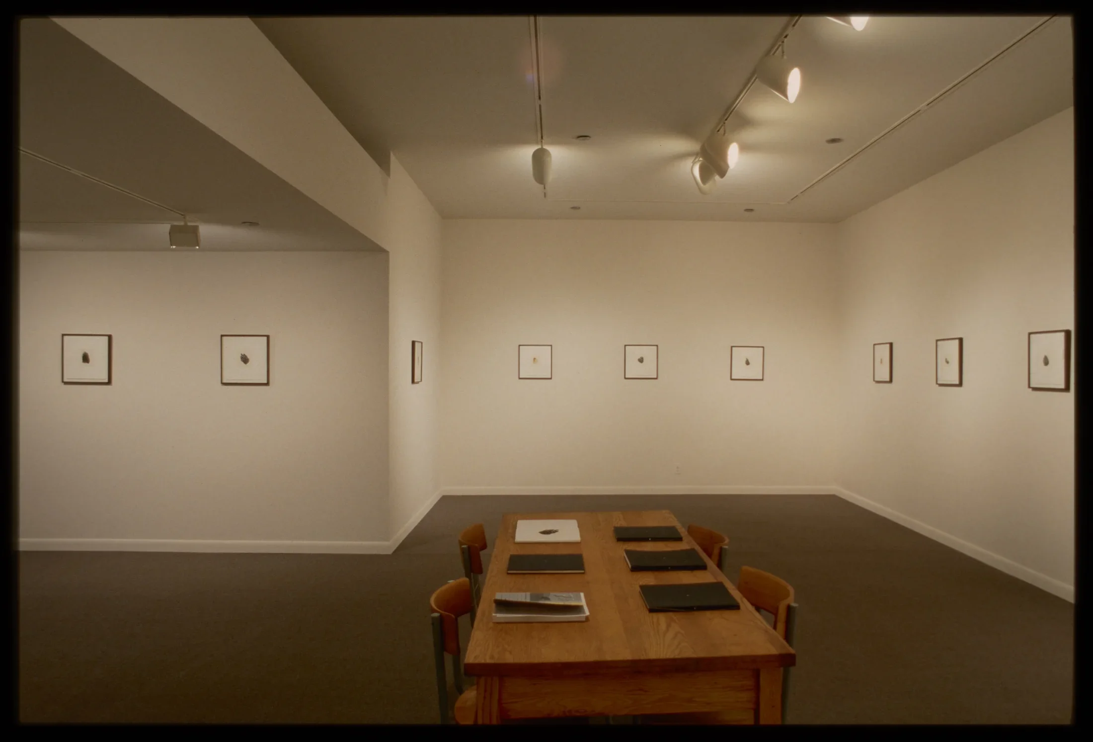 Wooden table with six books sits in front of nine same sized framed drawings with white background and small shape in middle.