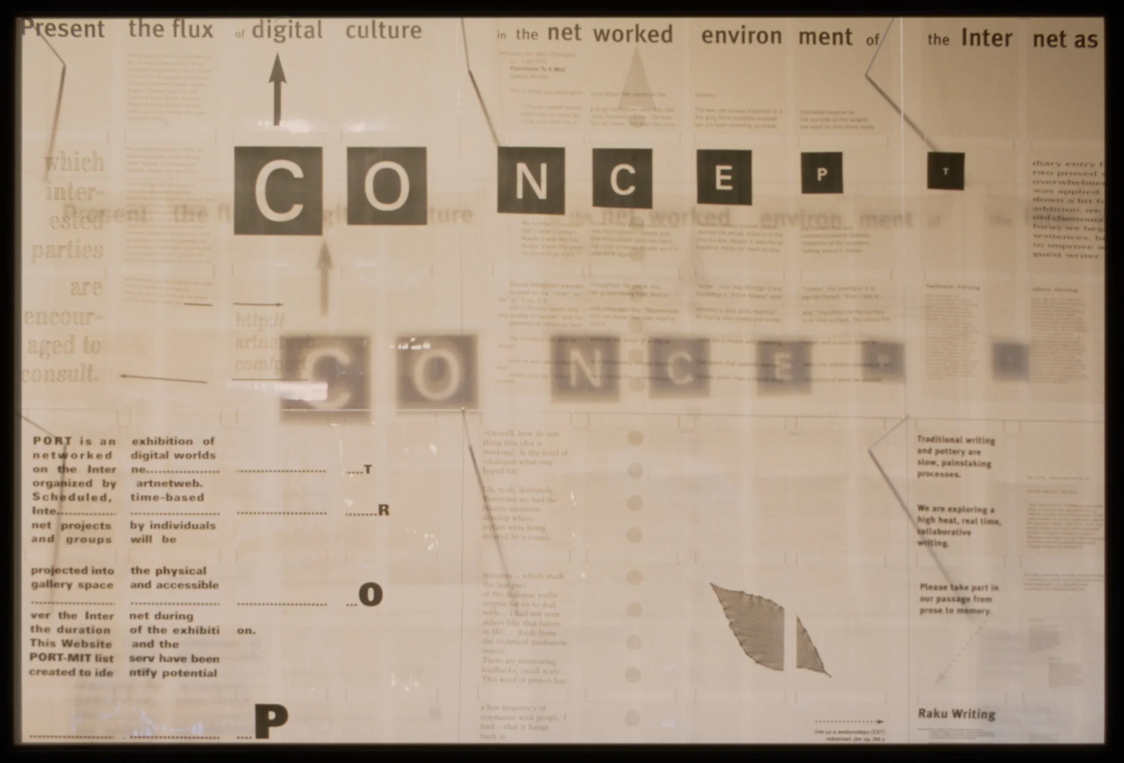 Detail of a black and white collage of text.
