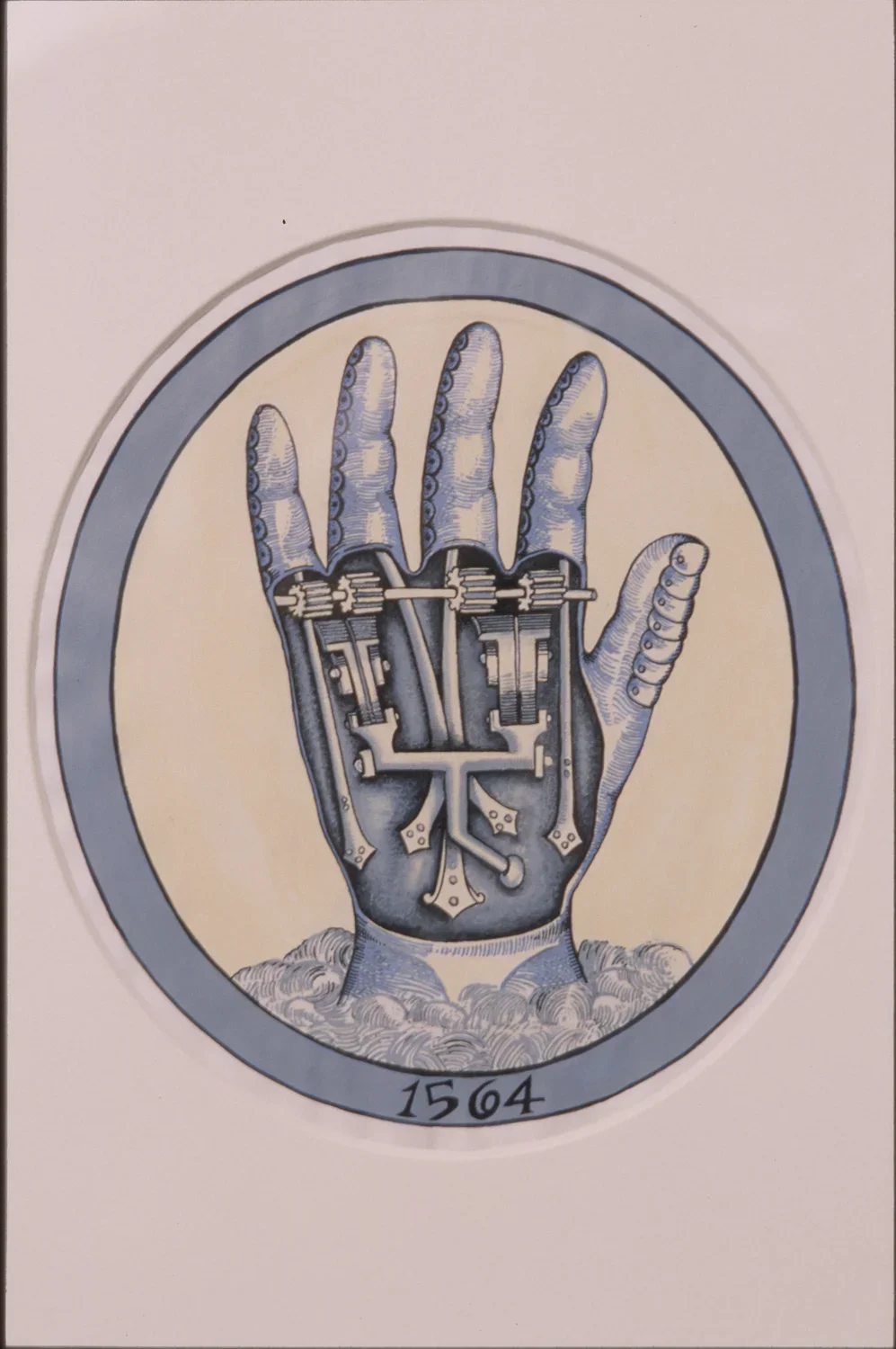 Label "1564” at base of blue oval frame encircles a drawing revealing mechanical gears and levers inside the palm of a hand.