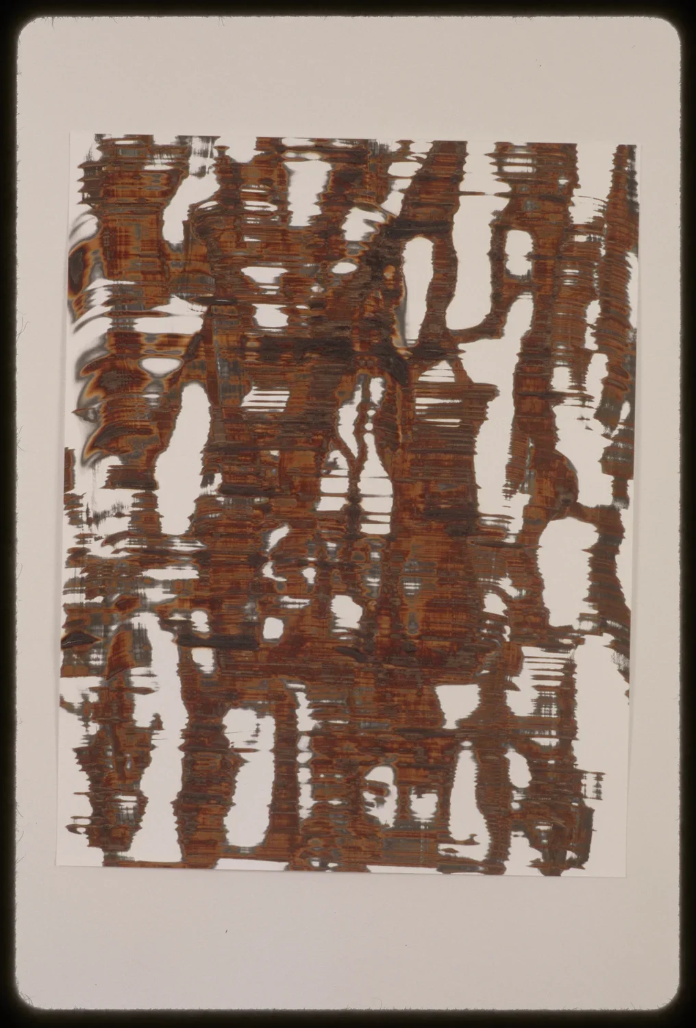 Brown bars and stripes, broken through and agitated by silver green marks and linear lines running through them.
