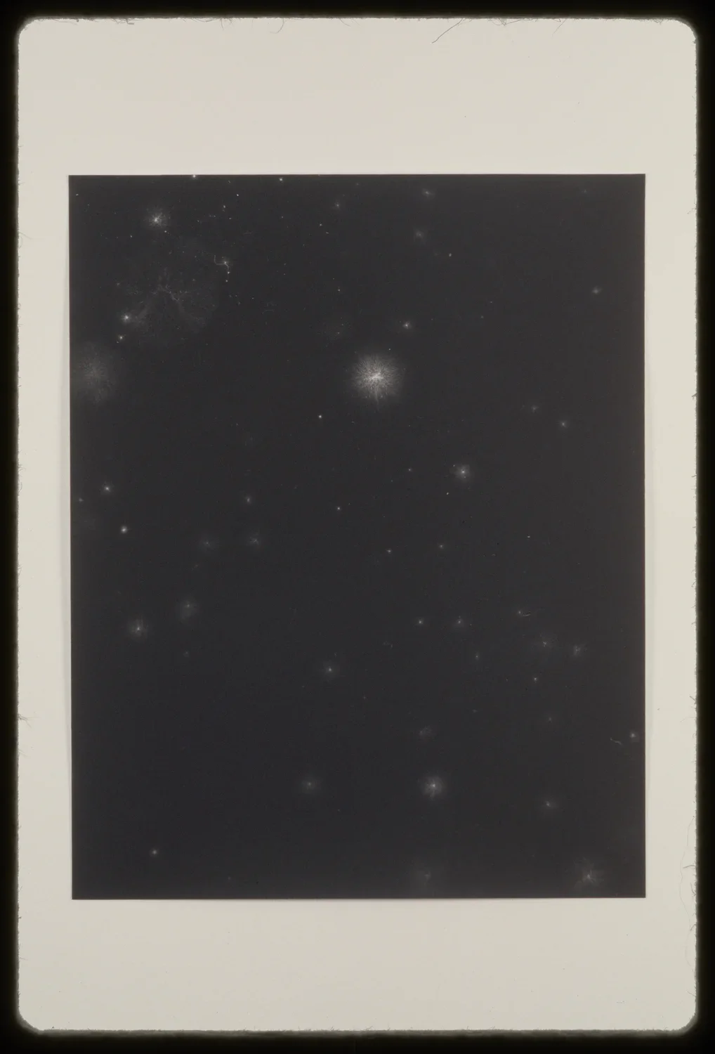 Haloed pinpricks of light on a black background have the appearance of stars in a night sky.
