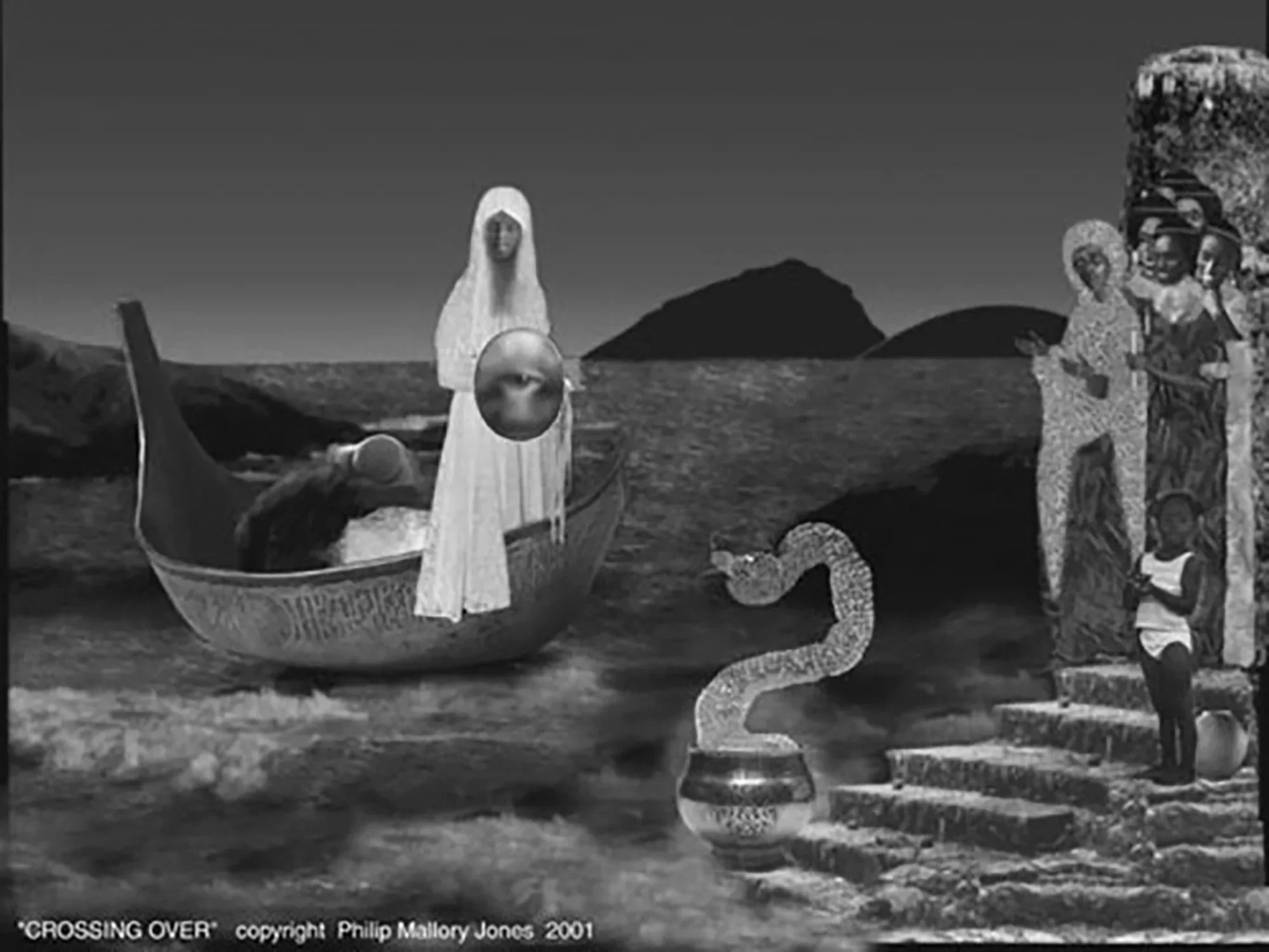 A collage depicts a hooded woman in a boat, a child and women watching from the shore, a large snake rising between them.