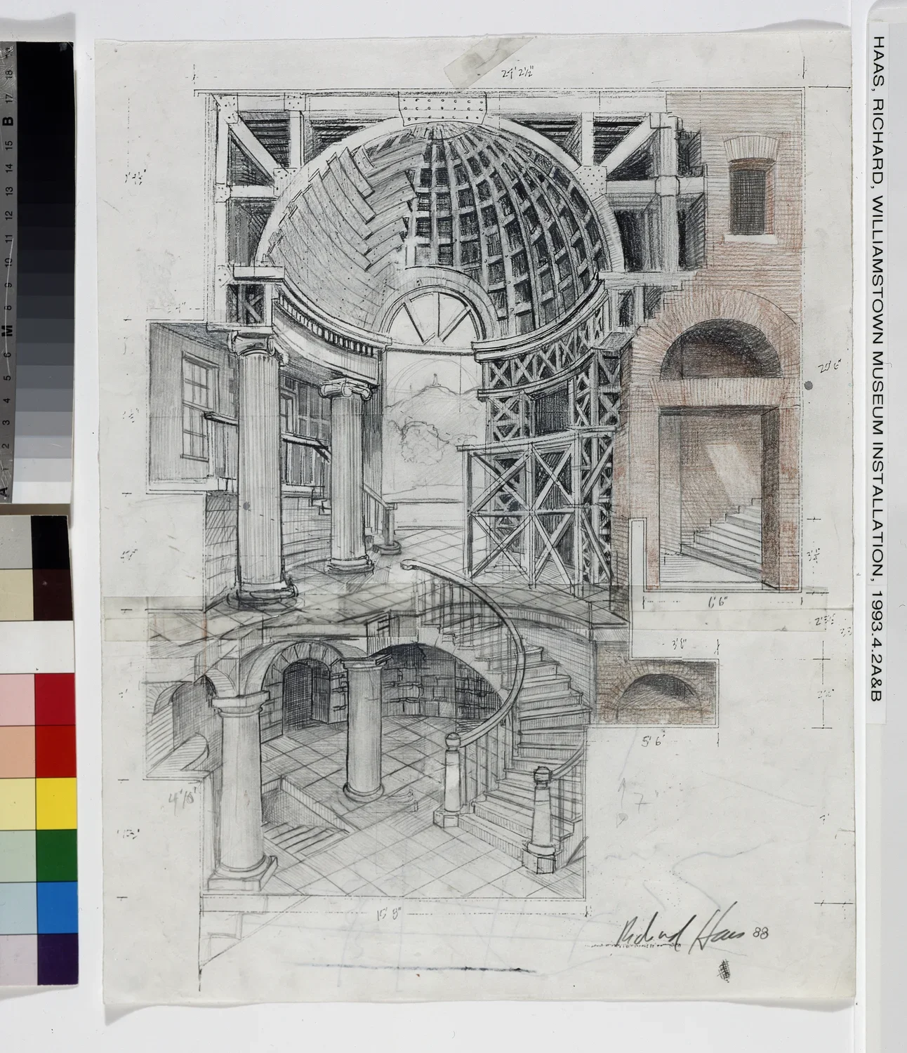 Architectural drawing of the Williams College Museum of Art. Small boxes of color line the left side of the image