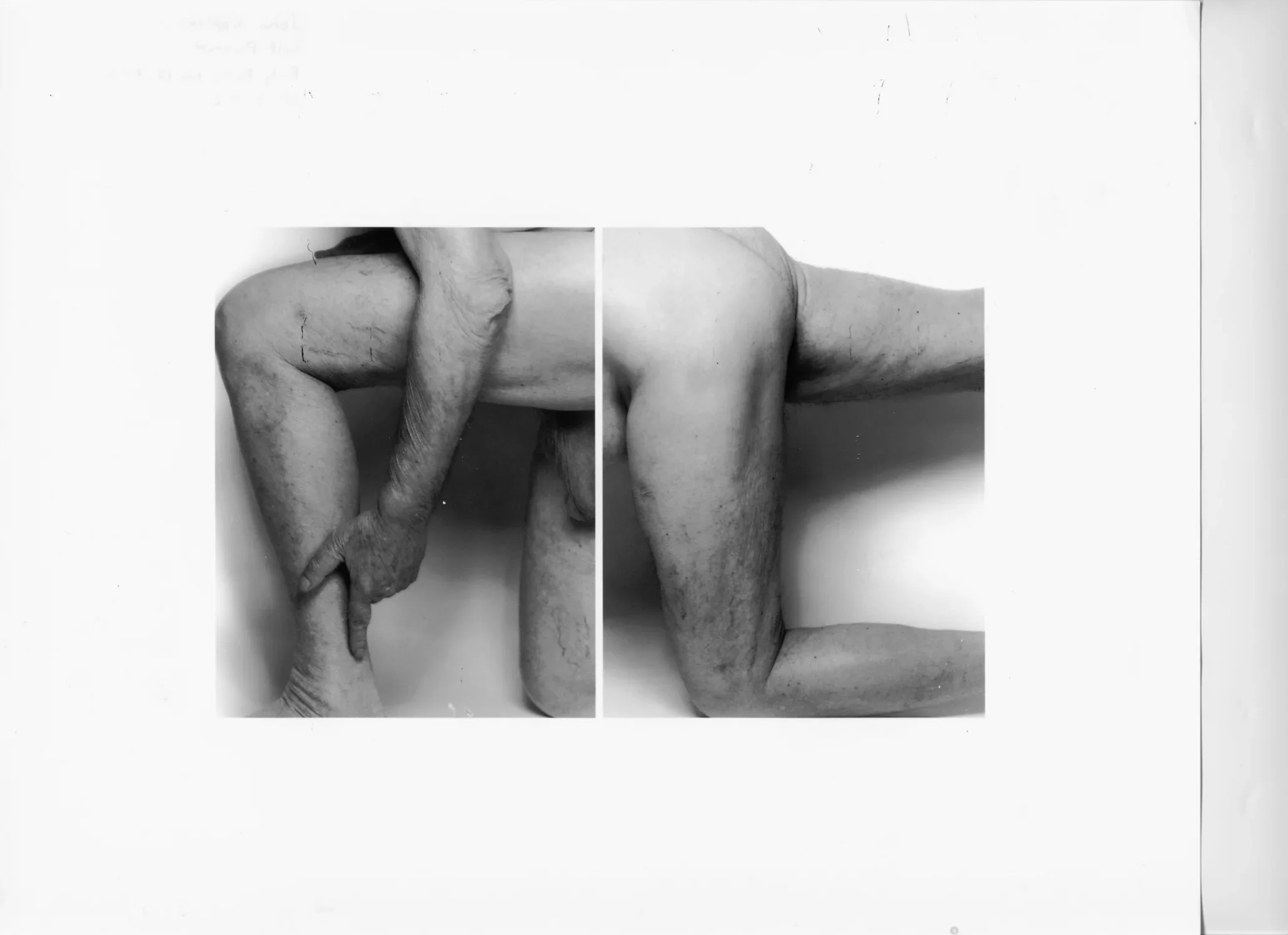 Two intimate black and white photos displayed side by side of a person posing nude on one knee with one arm resting on leg. 