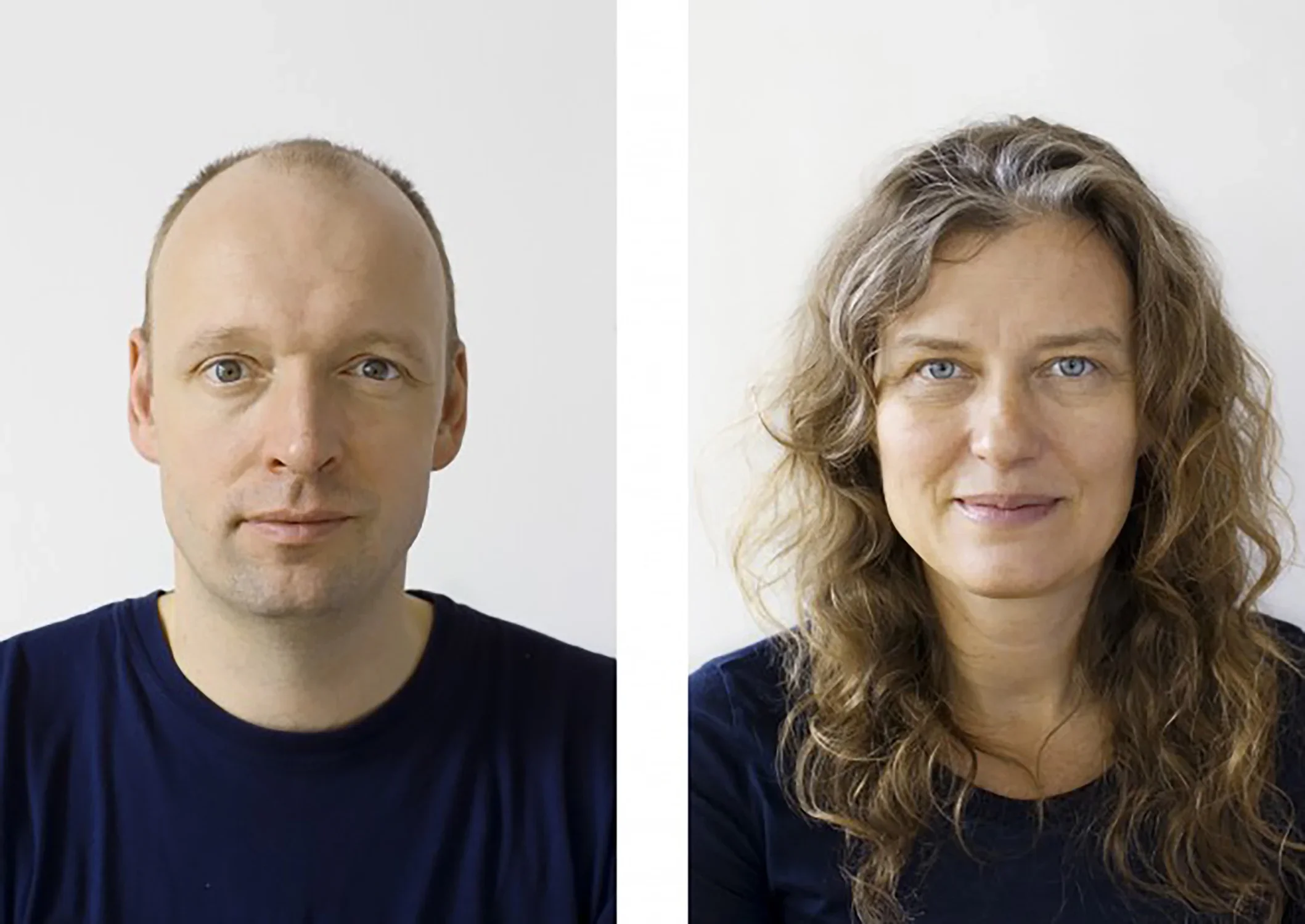 A pair of portrait photos; the artist on the left mimics the pose, facial expression, clothing of the woman on the right.
