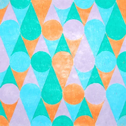 A geometric drawing of vibrant dots and stripes that almost looks like repetitive rows of green, orange and pink ice cream cones.