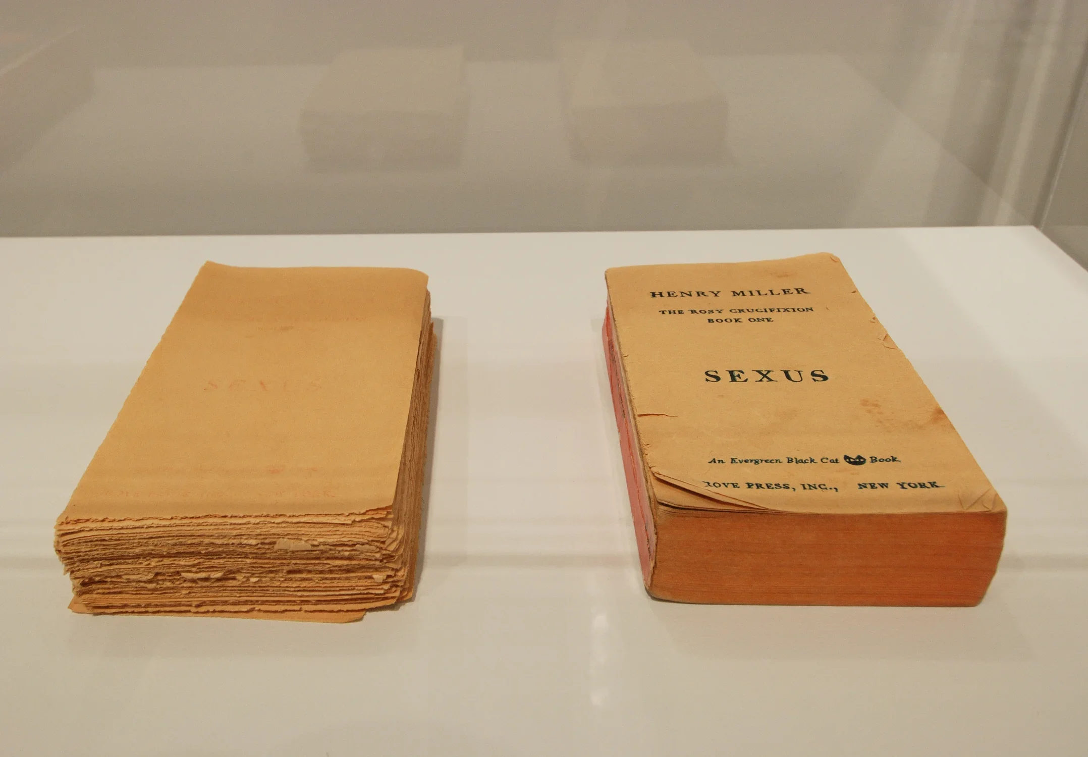 Close view of two books inside a glass vitrine. The left is an unbound copy with faded text. On the right is a bound copy with a cover that reads "Henry Miller, The Rosy Crucifixion Book One, Sexus." 