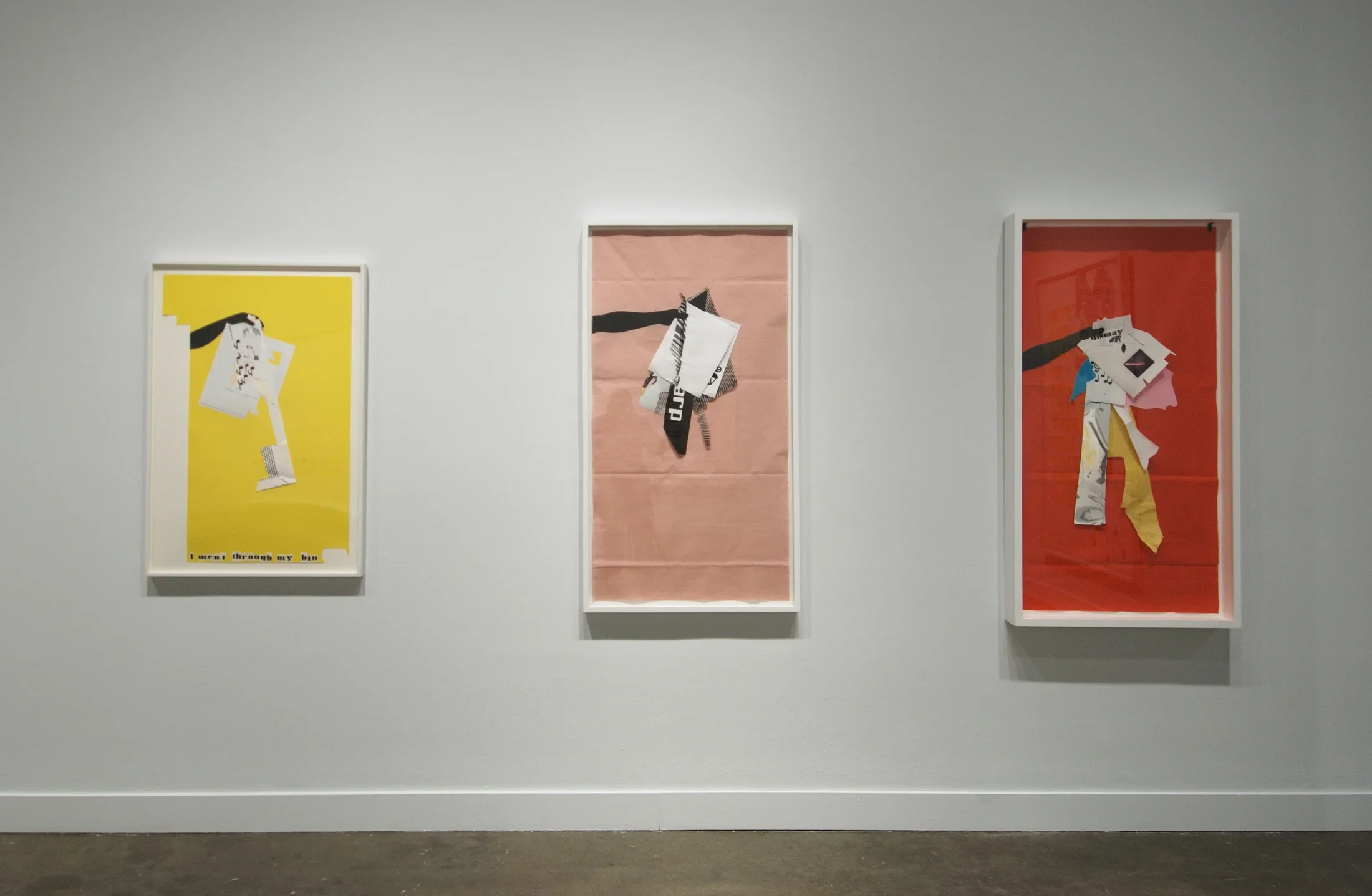 Three collaged images depict a black cutout of an arm and hand holding piles of papers like taking out the trash. 