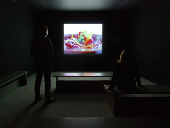 Two people stand in a dark gallery and view a projection of a closeup of pink food and lemon peel.