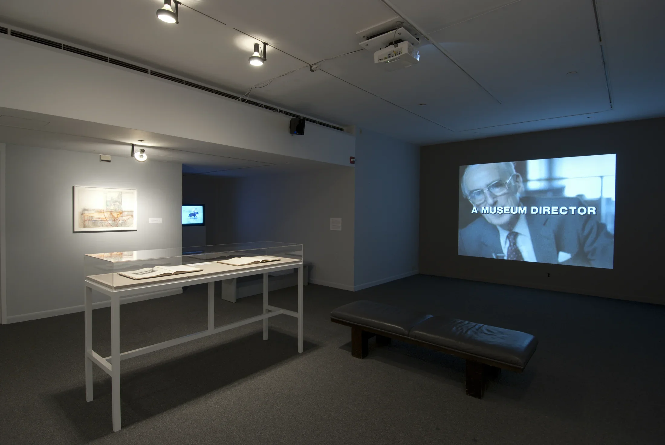 A large screen with an image of a man and the words A Museum Director on it.