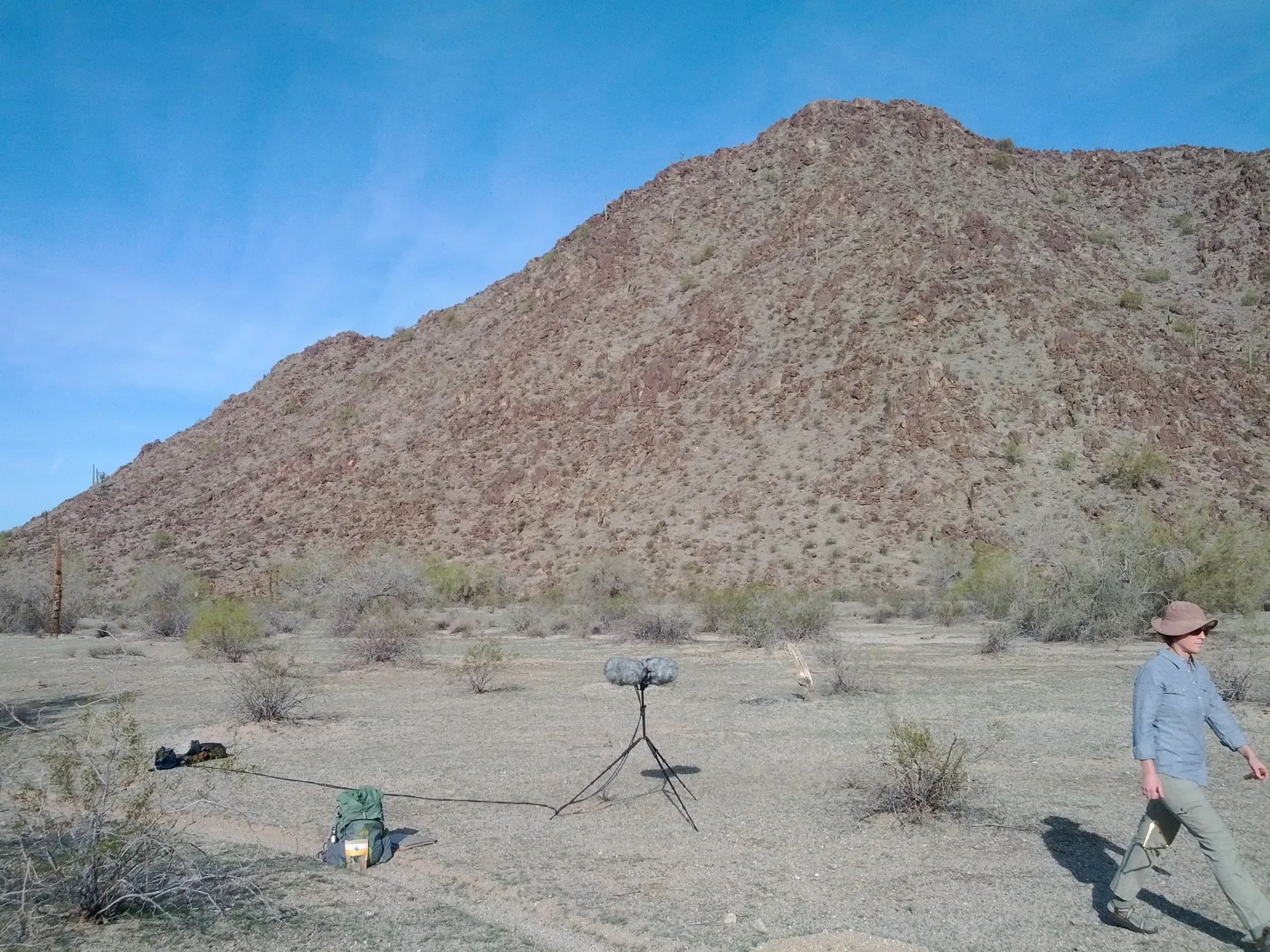 Mics on a stand in a blue-sky, rust and gray desert landscape, a person caught mid-stride on the right edge of the photo