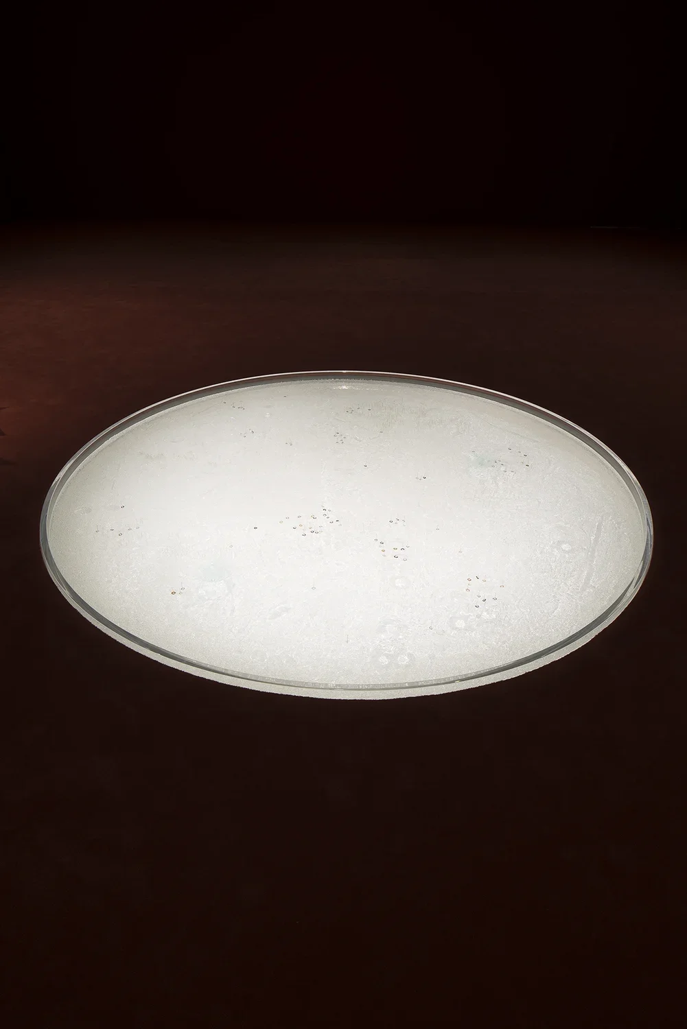 A large, shallow concave disc, similar in shape to a contact lens, is embedded in a dark floor and filled with a white substance.