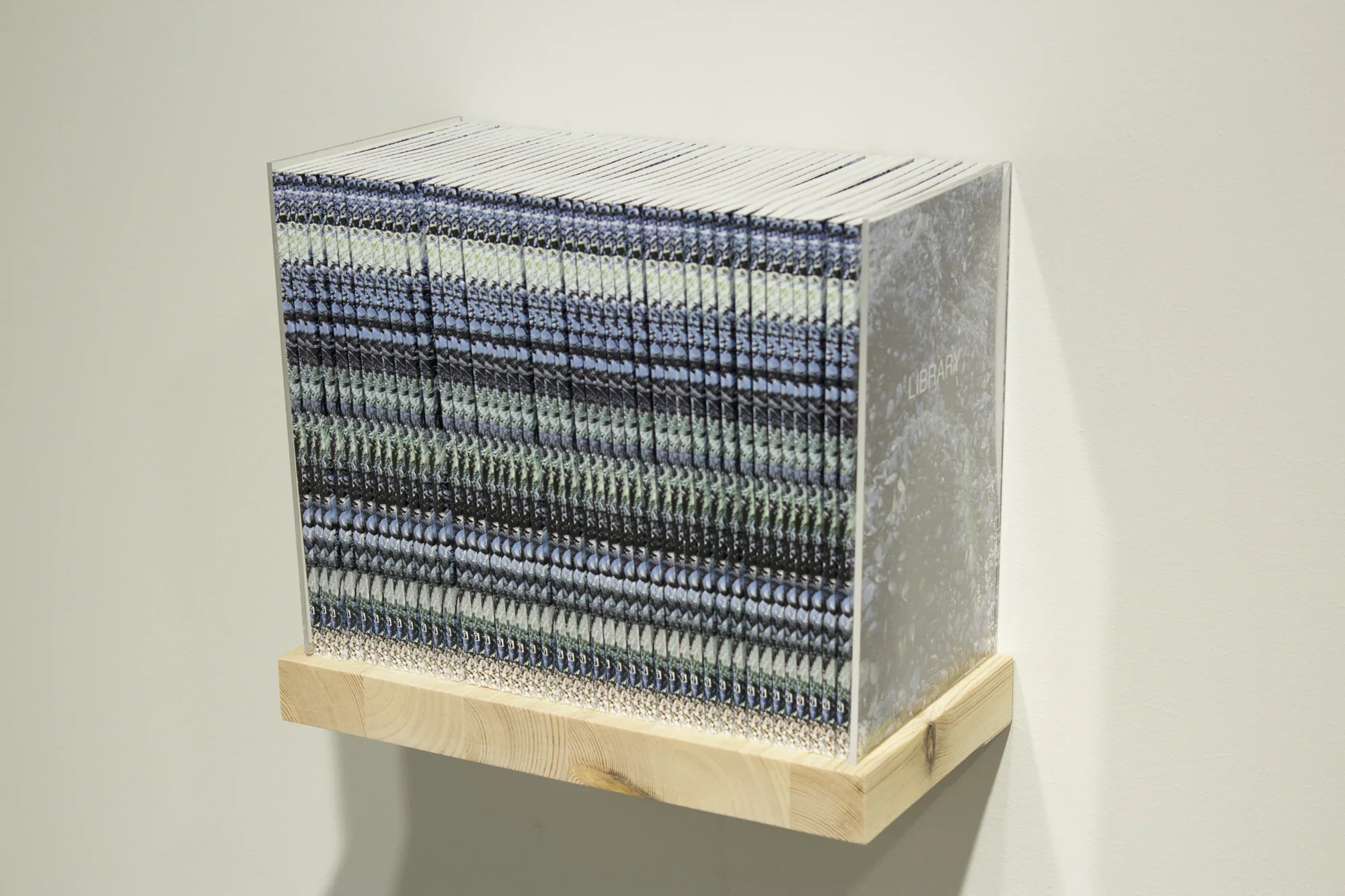A group of books labeled "Library" are displayed on a small wooden shelf.
