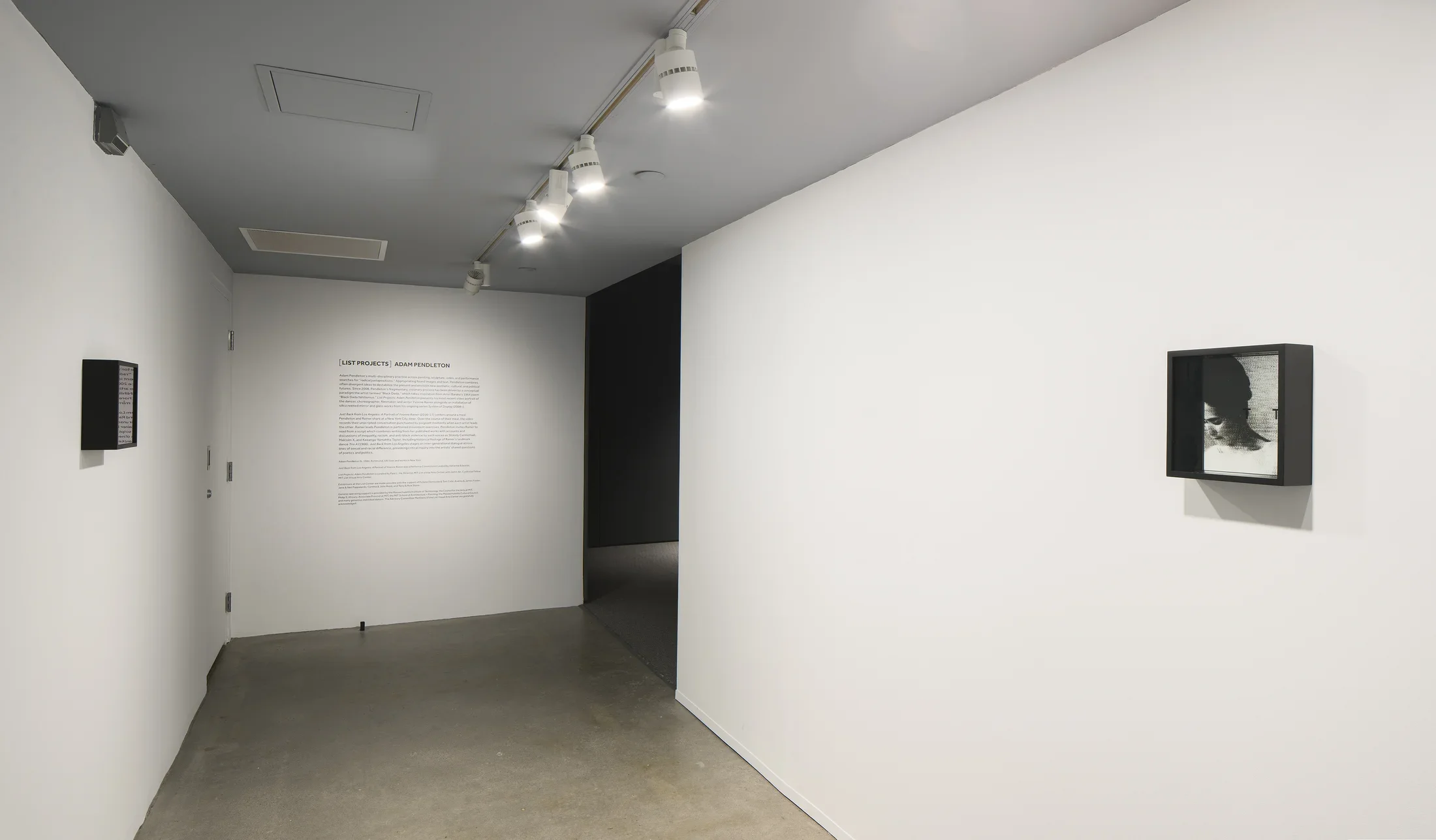 Corridor with track lights, small works on left and right walls. Wall of text at the far end leads into a darkened room.